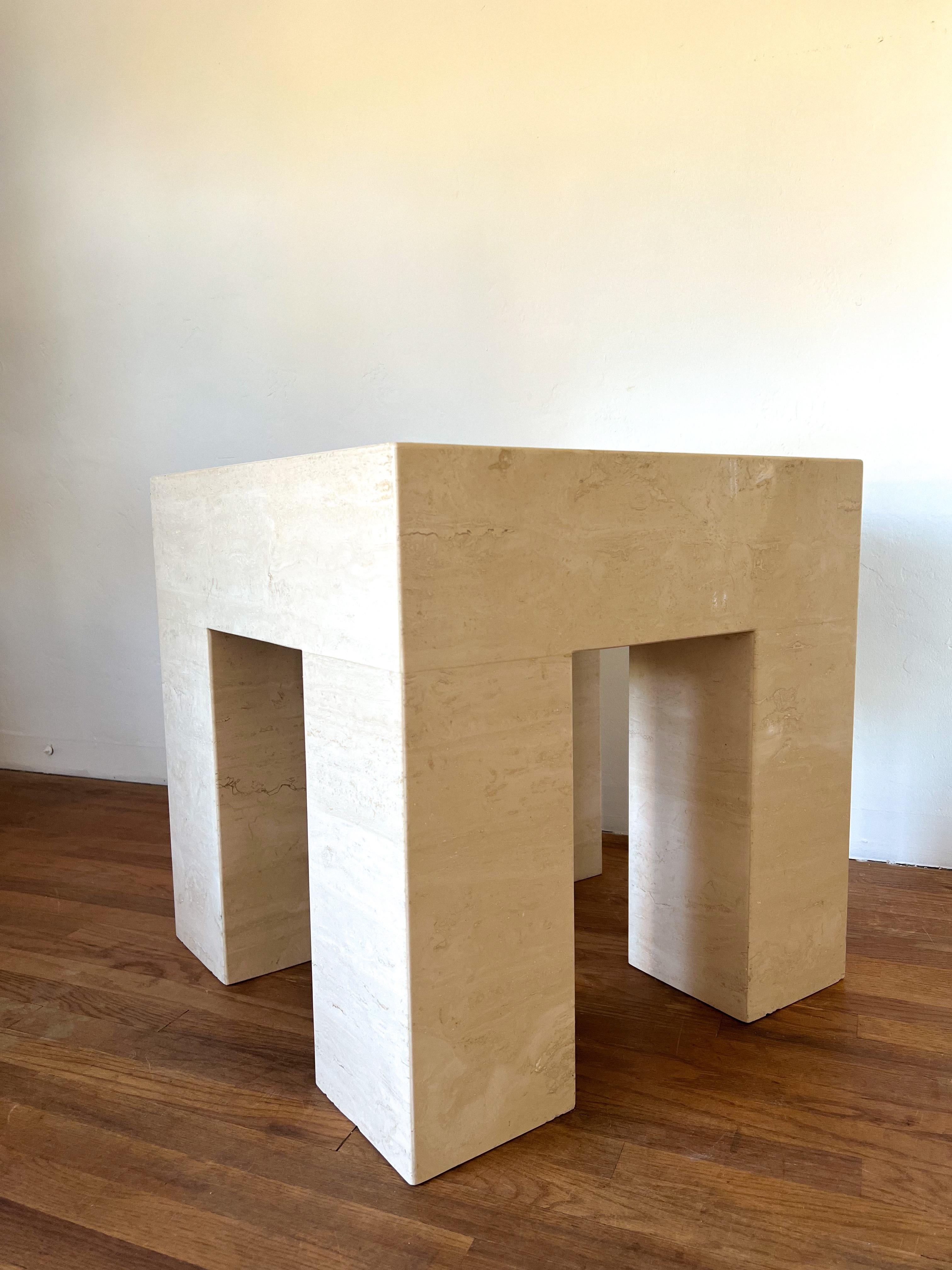 Italian Travertine Parsons Side Table with Marble Inlay In Good Condition For Sale In La Mesa, CA