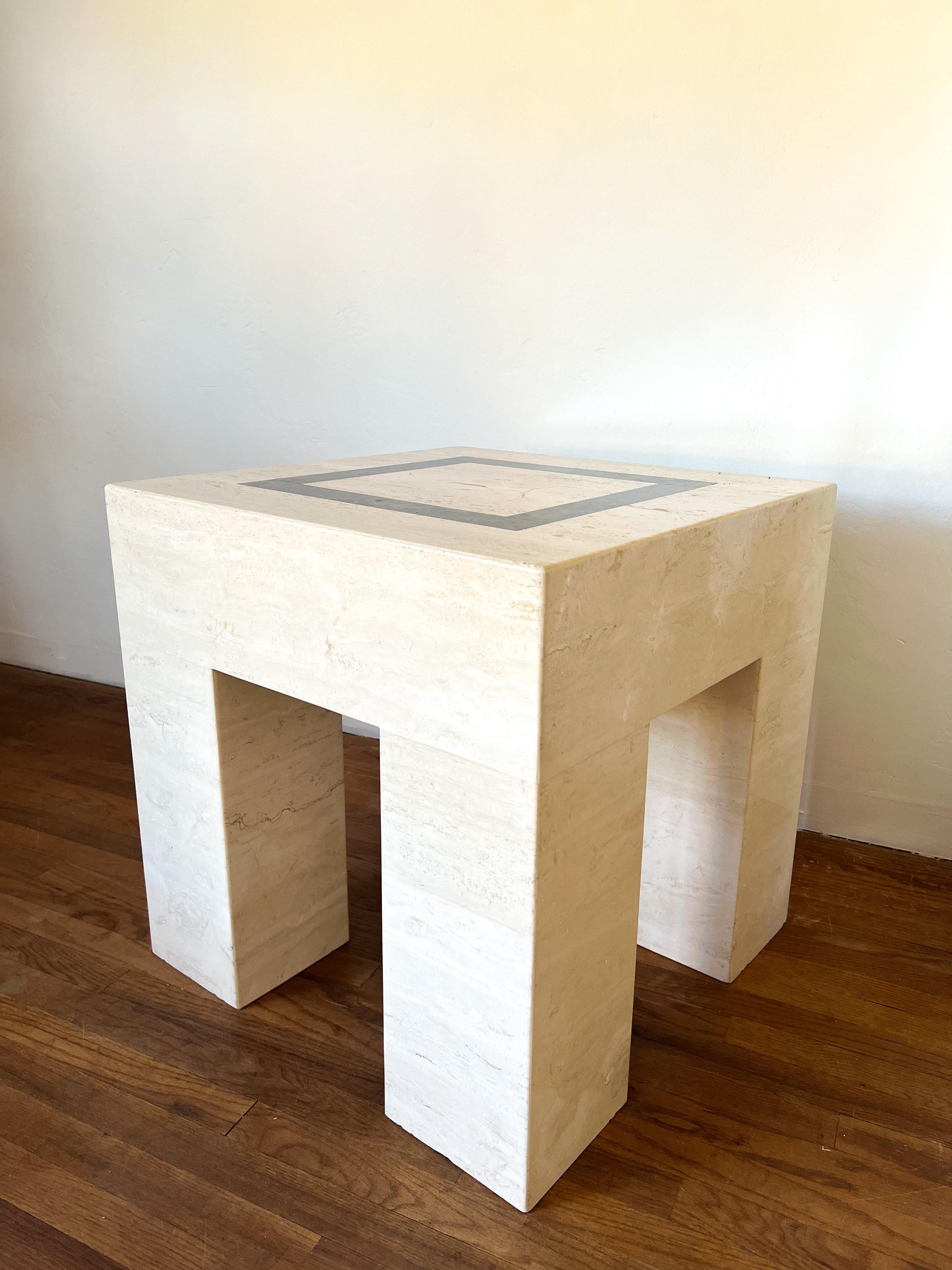 Late 20th Century Italian Travertine Parsons Side Table with Marble Inlay For Sale