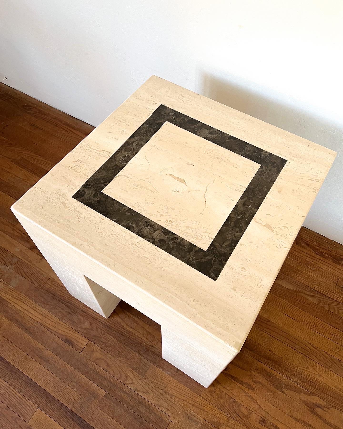 Italian Travertine Parsons Side Table with Marble Inlay For Sale 1