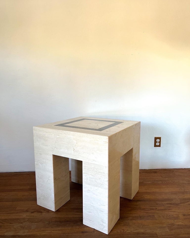 Italian Travertine Parsons Side Table with Marble Inlay For Sale at 1stDibs