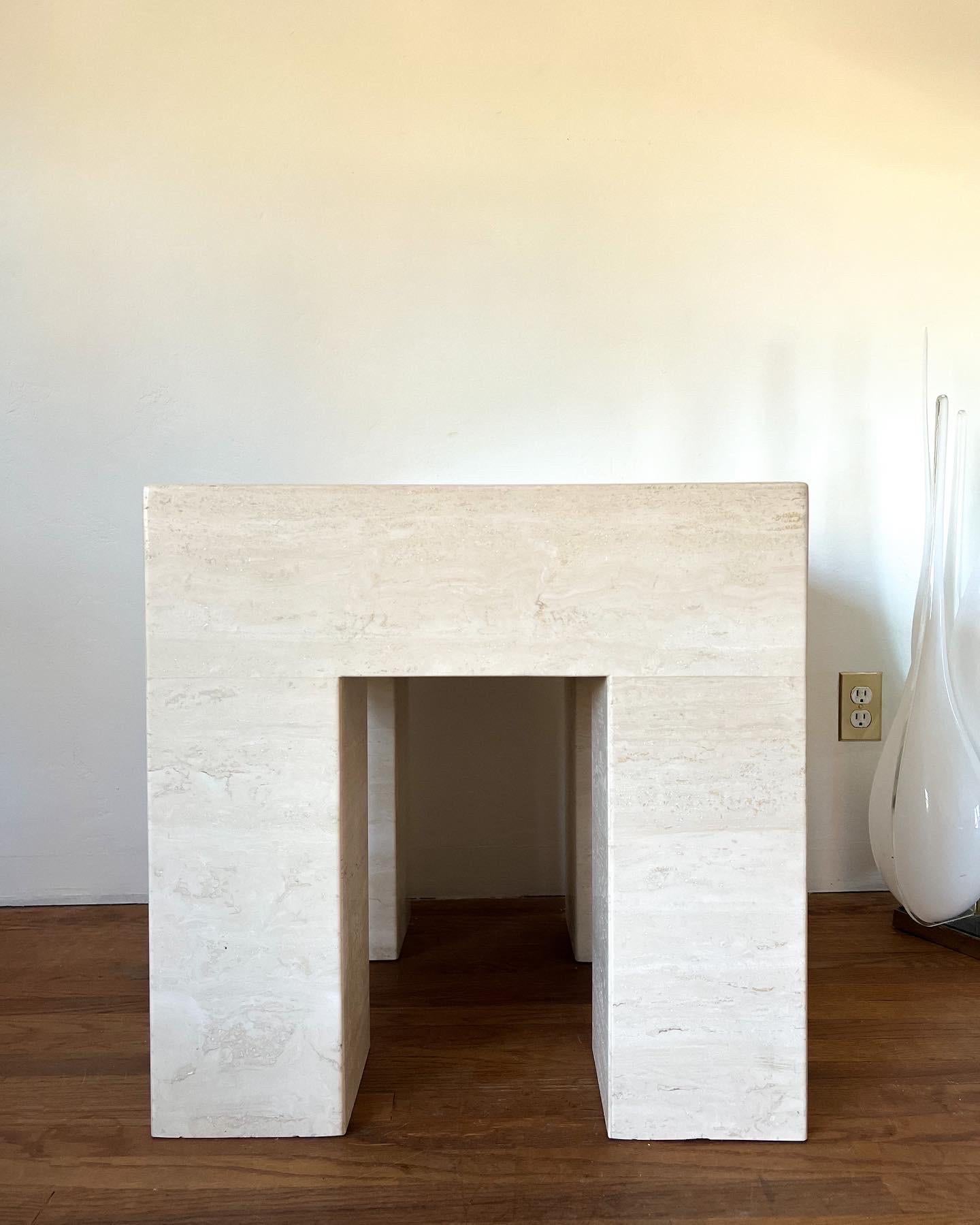 Italian Travertine Parsons Side Table with Marble Inlay For Sale 4