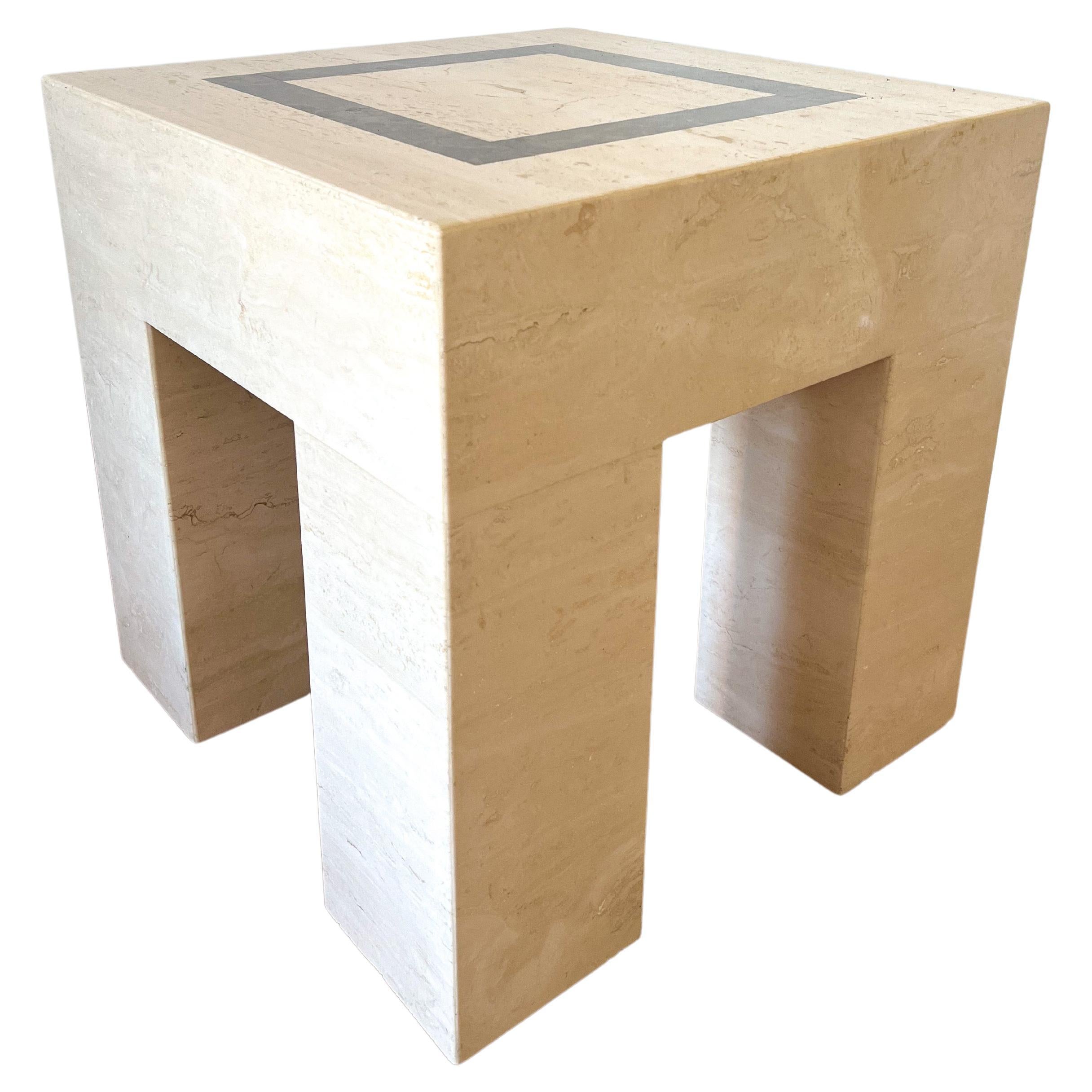 Italian Travertine Parsons Side Table with Marble Inlay For Sale