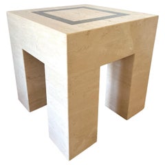 Retro Italian Travertine Parsons Side Table with Marble Inlay