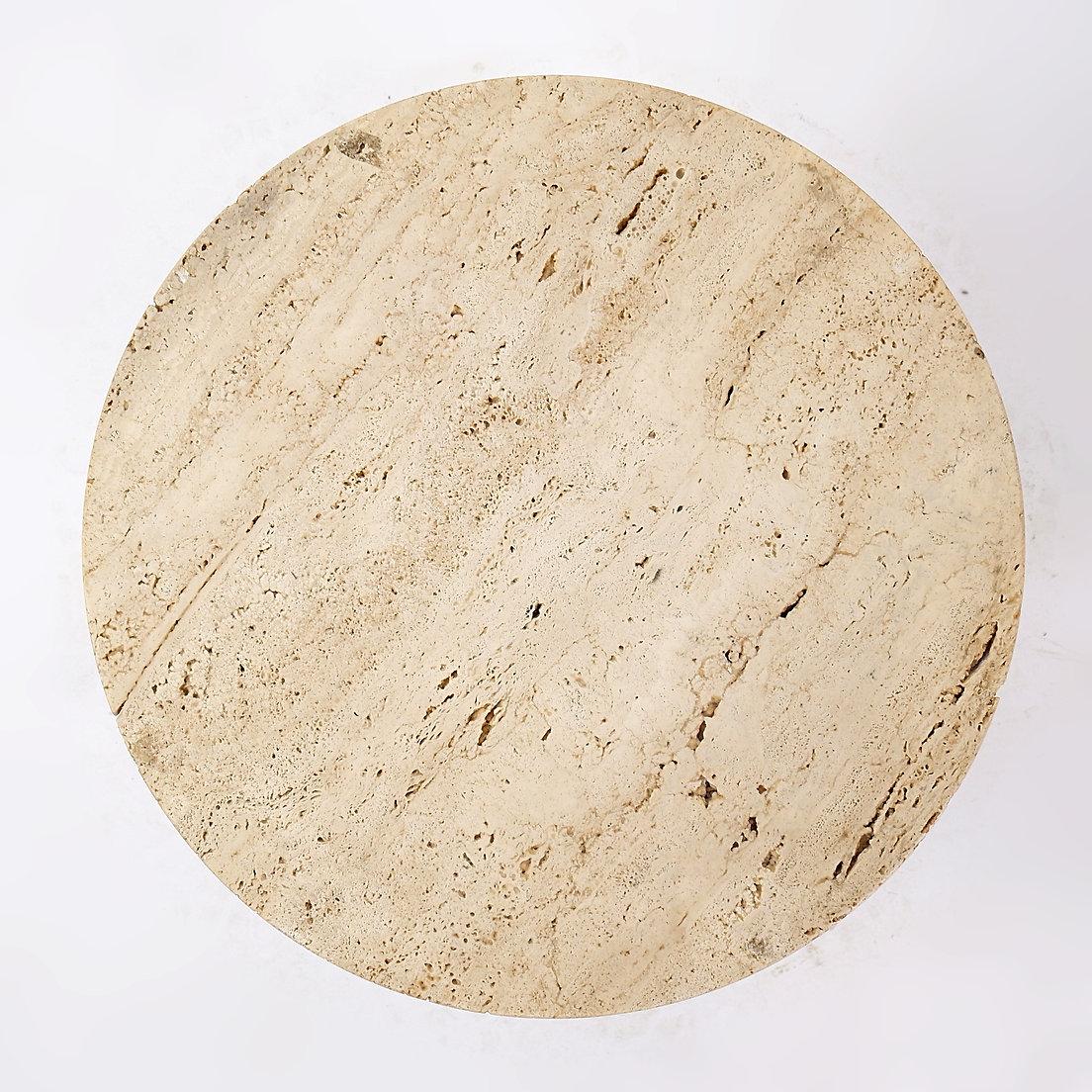 Italian Travertine Pedestal or Side table - 1980s
Travertine - Italy - Mid-Century
Measures : Ø43cm H:38cm 
Material : Travertine 
Wear consistent with age and use.