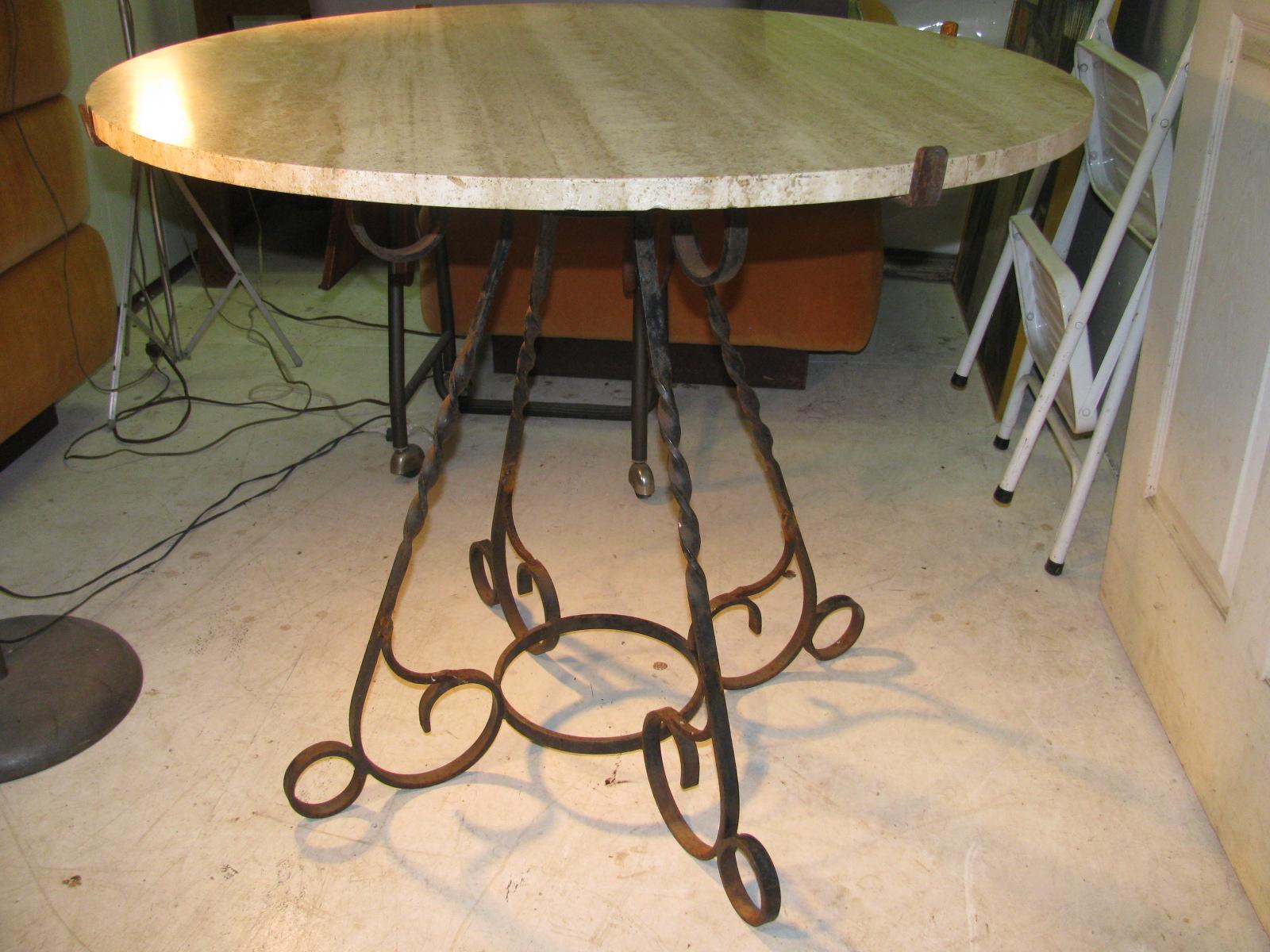 Italian Travertine Stone Round Top with Wrought Iron Base Dining Table 1