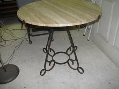 Italian Travertine Stone Round Top with Wrought Iron Base Dining Table