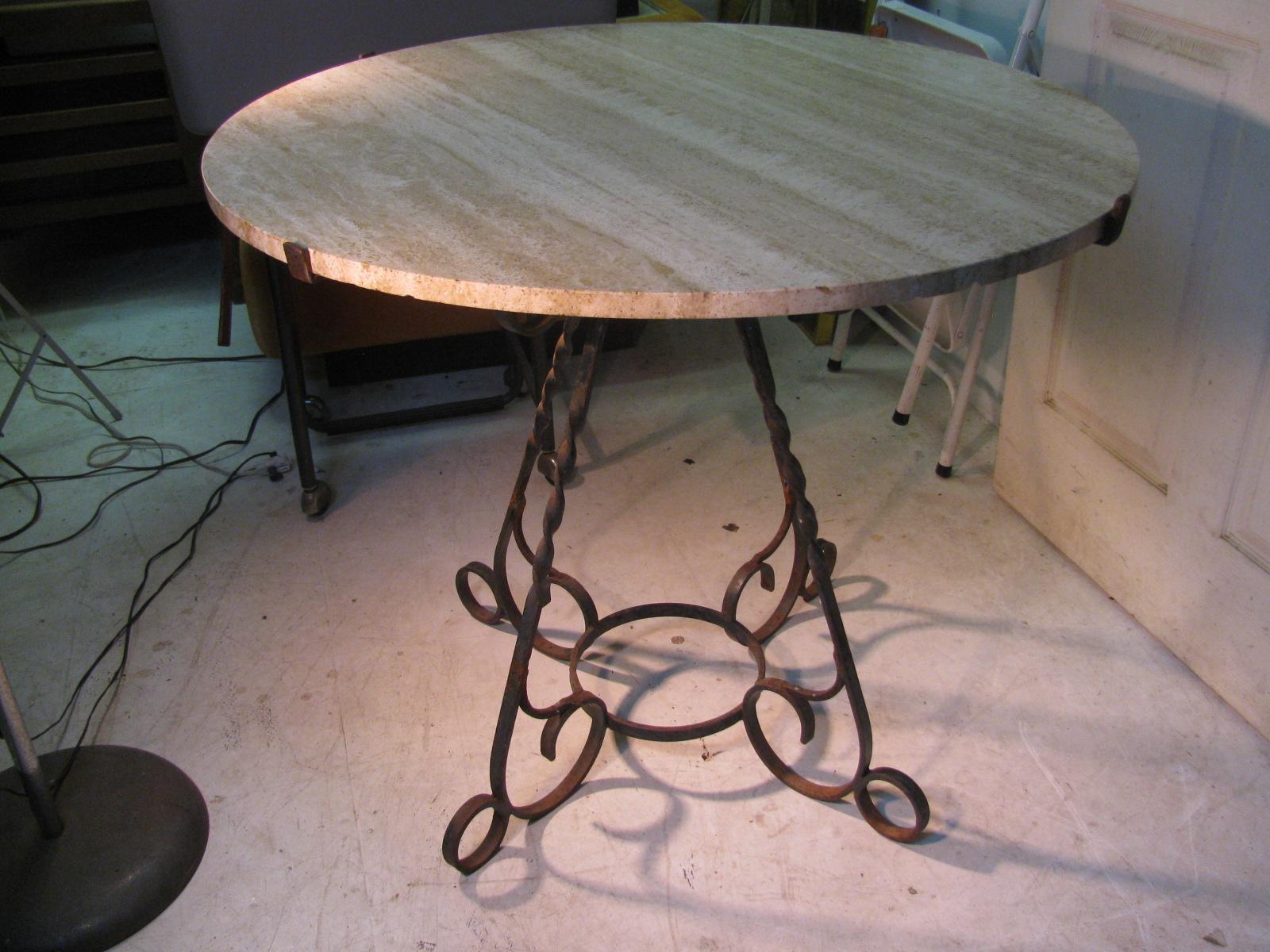 Renaissance Revival Italian Travertine Stone Round Top with Wrought Iron Base Dining Table