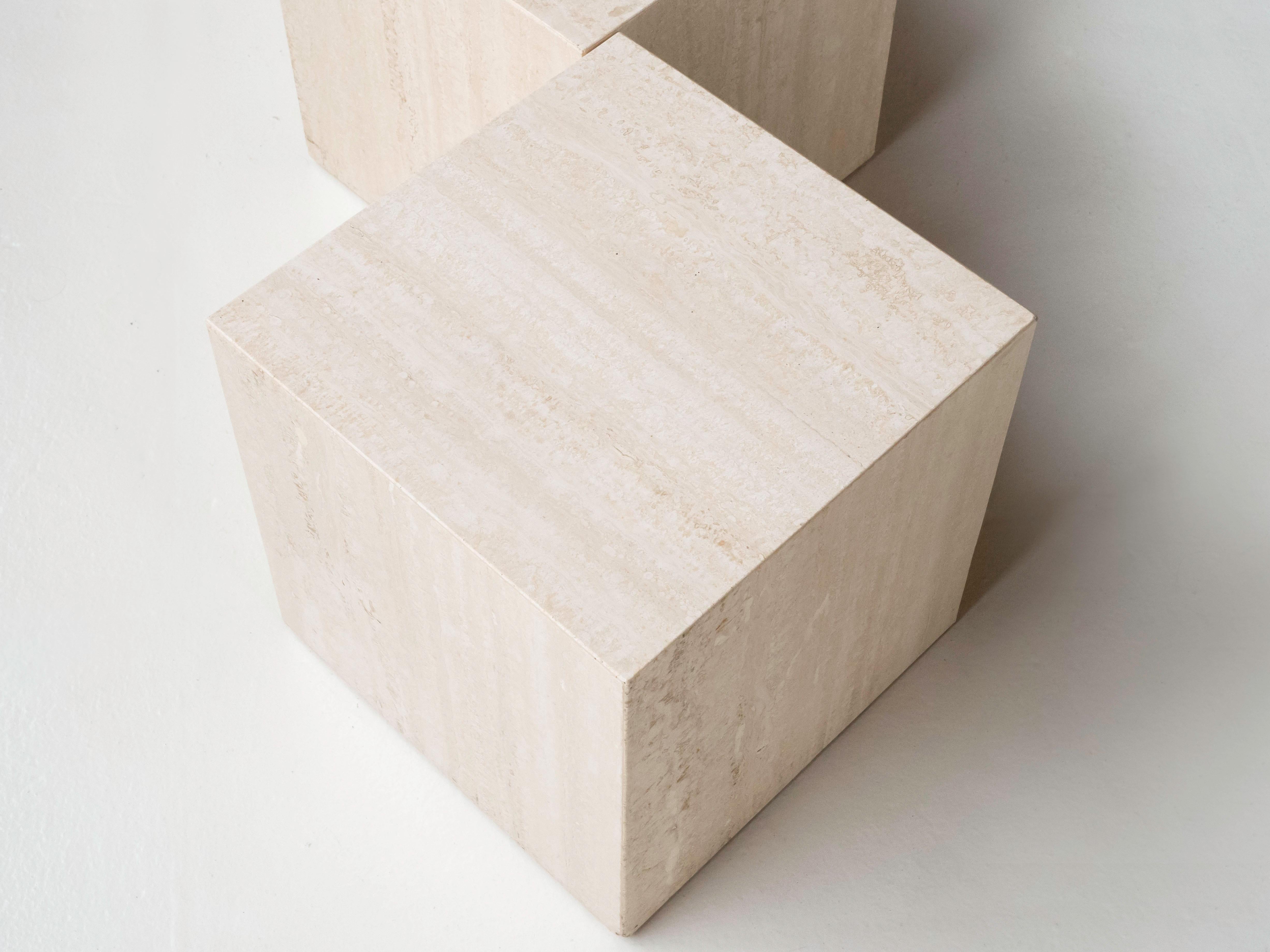 Post-Modern Italian Travertine Set of 3 Cube Shaped Side Tables / Pedestals, Circa 1970's