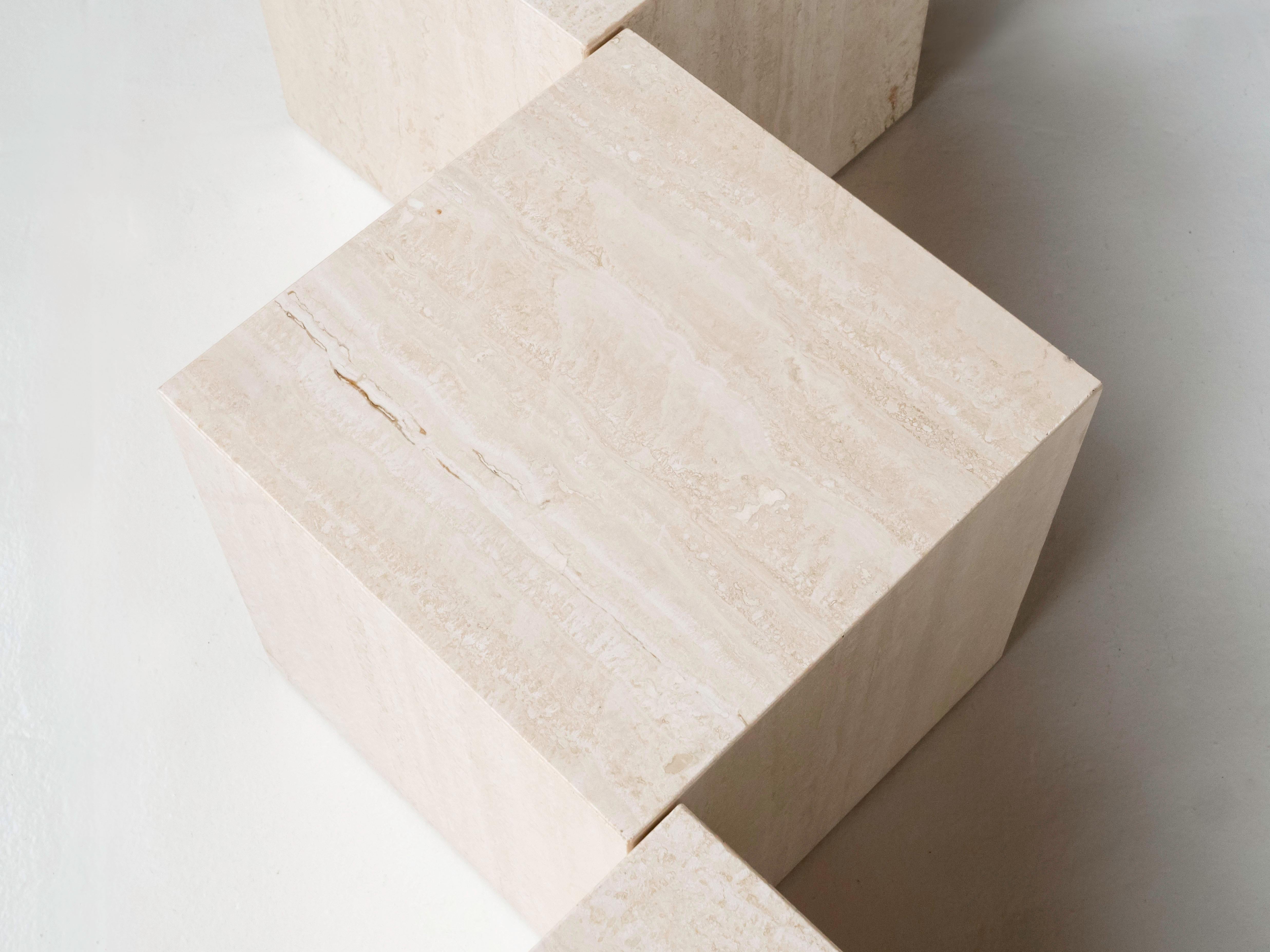 Italian Travertine Set of 3 Cube Shaped Side Tables / Pedestals, Circa 1970's In Good Condition In Los Angeles, CA