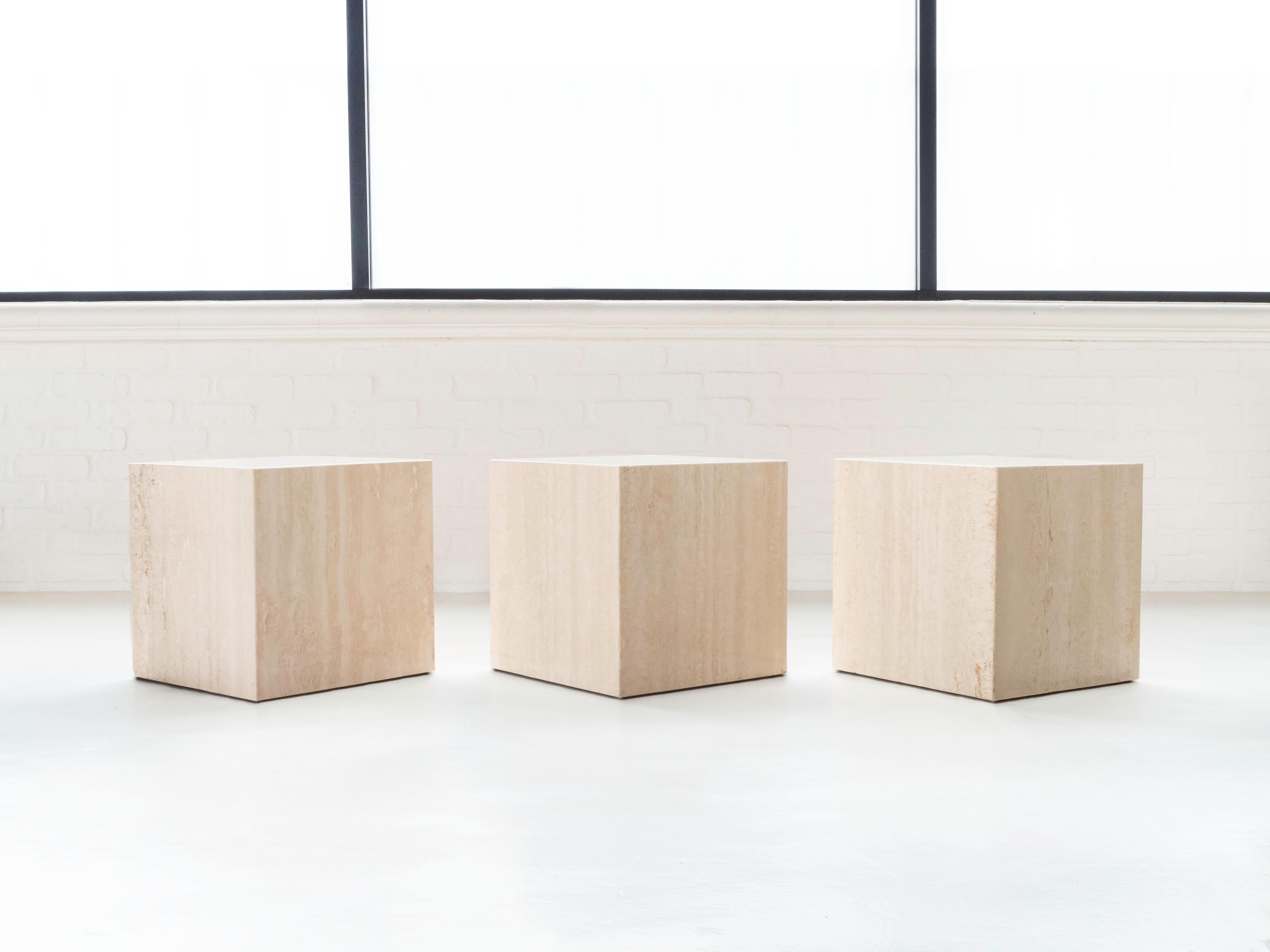 Italian Travertine Set of 3 Cube Shaped Side Tables / Pedestals, Circa 1970's 2