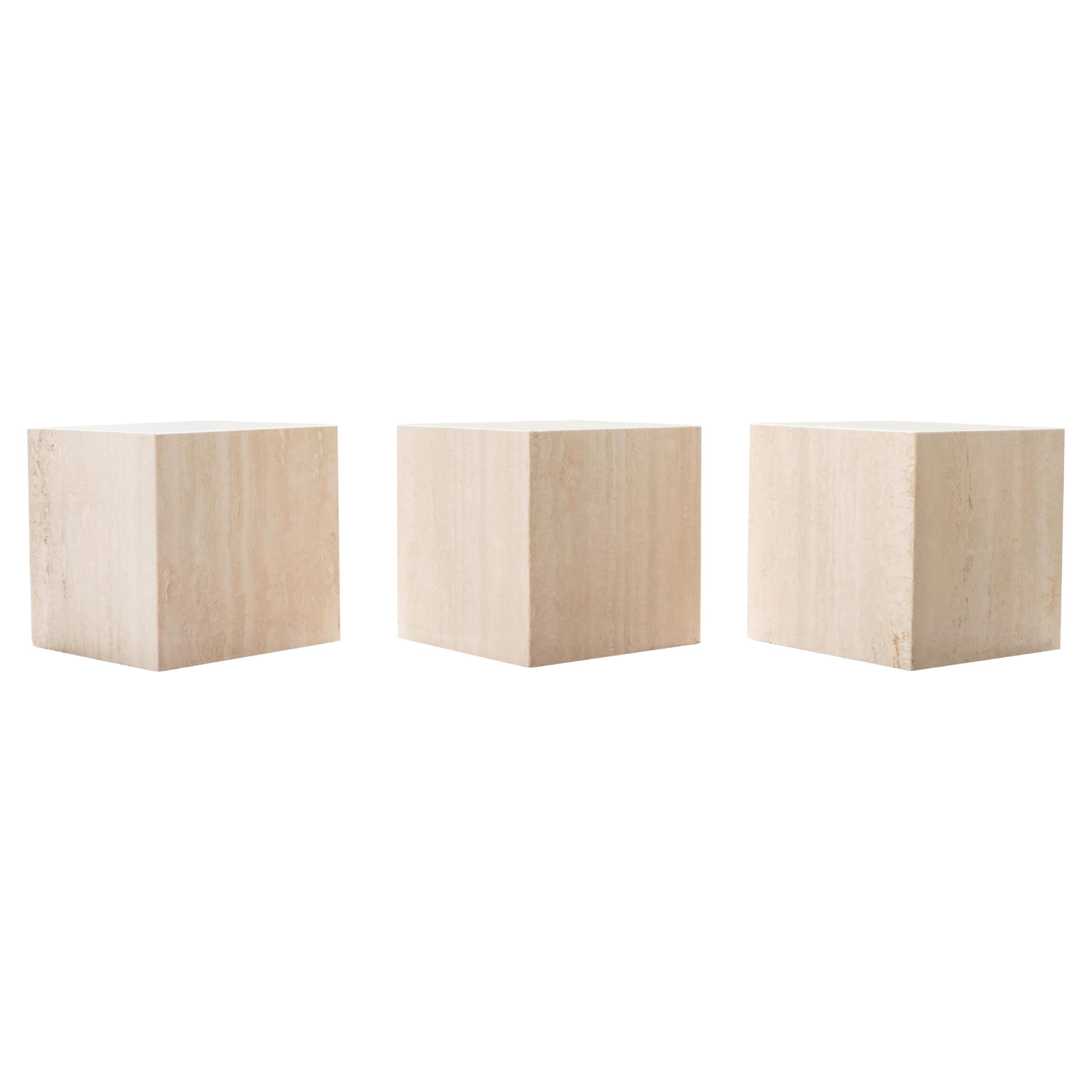 Italian Travertine Set of 3 Cube Shaped Side Tables / Pedestals, Circa 1970's