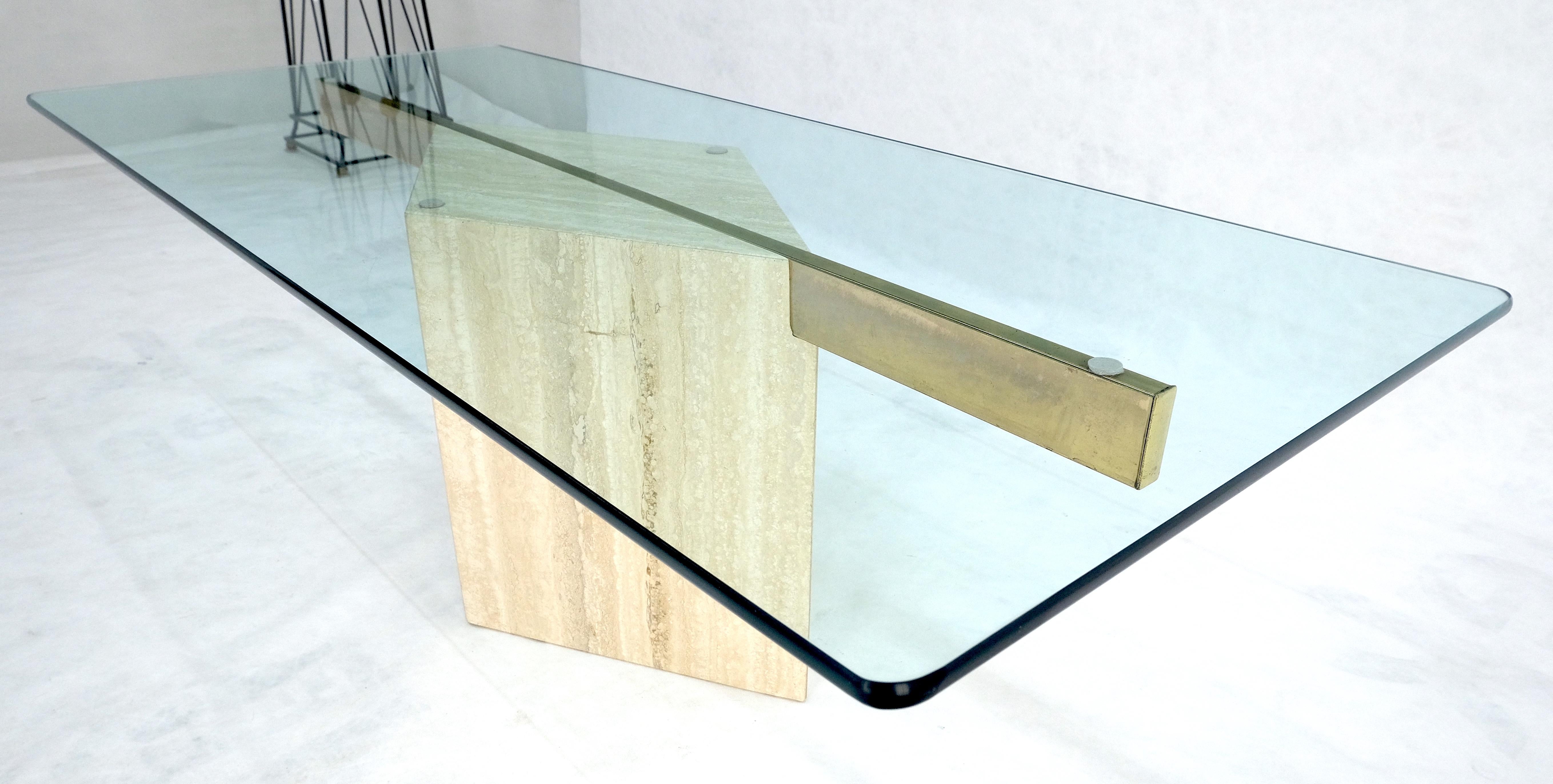 Italian Travertine Single Pedestal Diamond Shape Base Glass Top Coffee Table For Sale 6