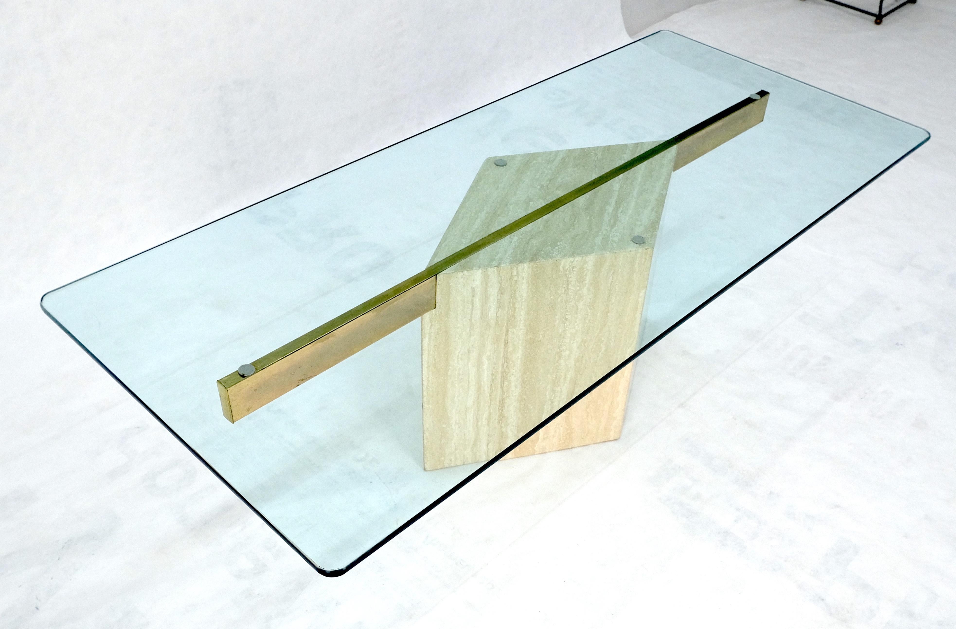 Italian Travertine Single Pedestal Diamond Shape Base Glass Top Coffee Table For Sale 7