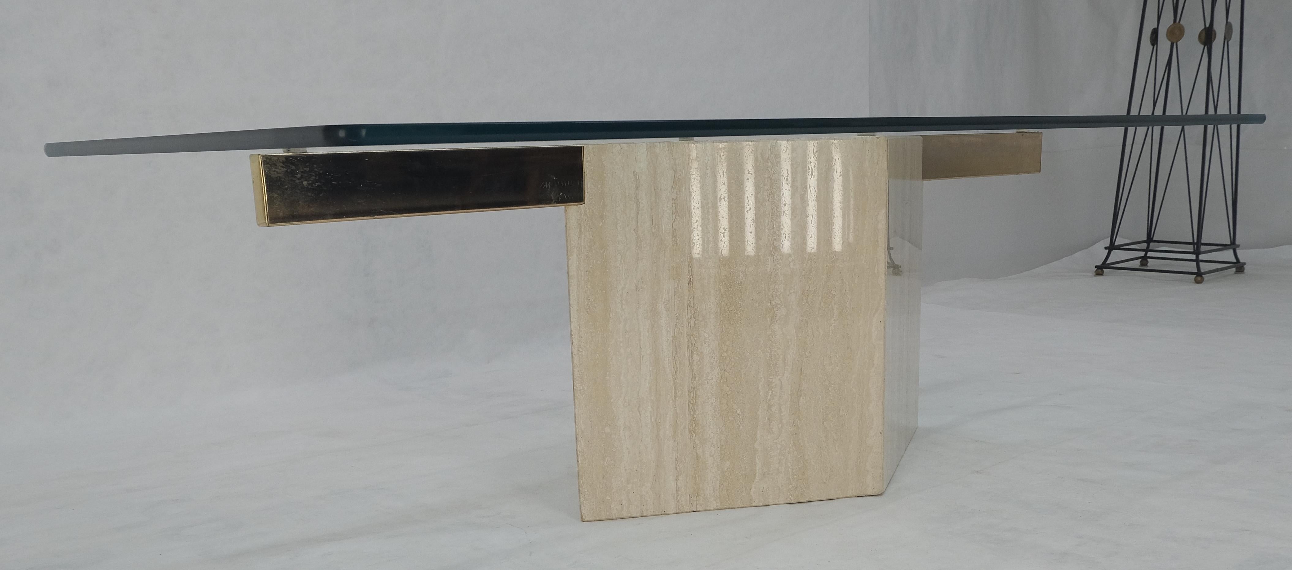 Italian Travertine Single Pedestal Diamond Shape Base Glass Top Coffee Table For Sale 8