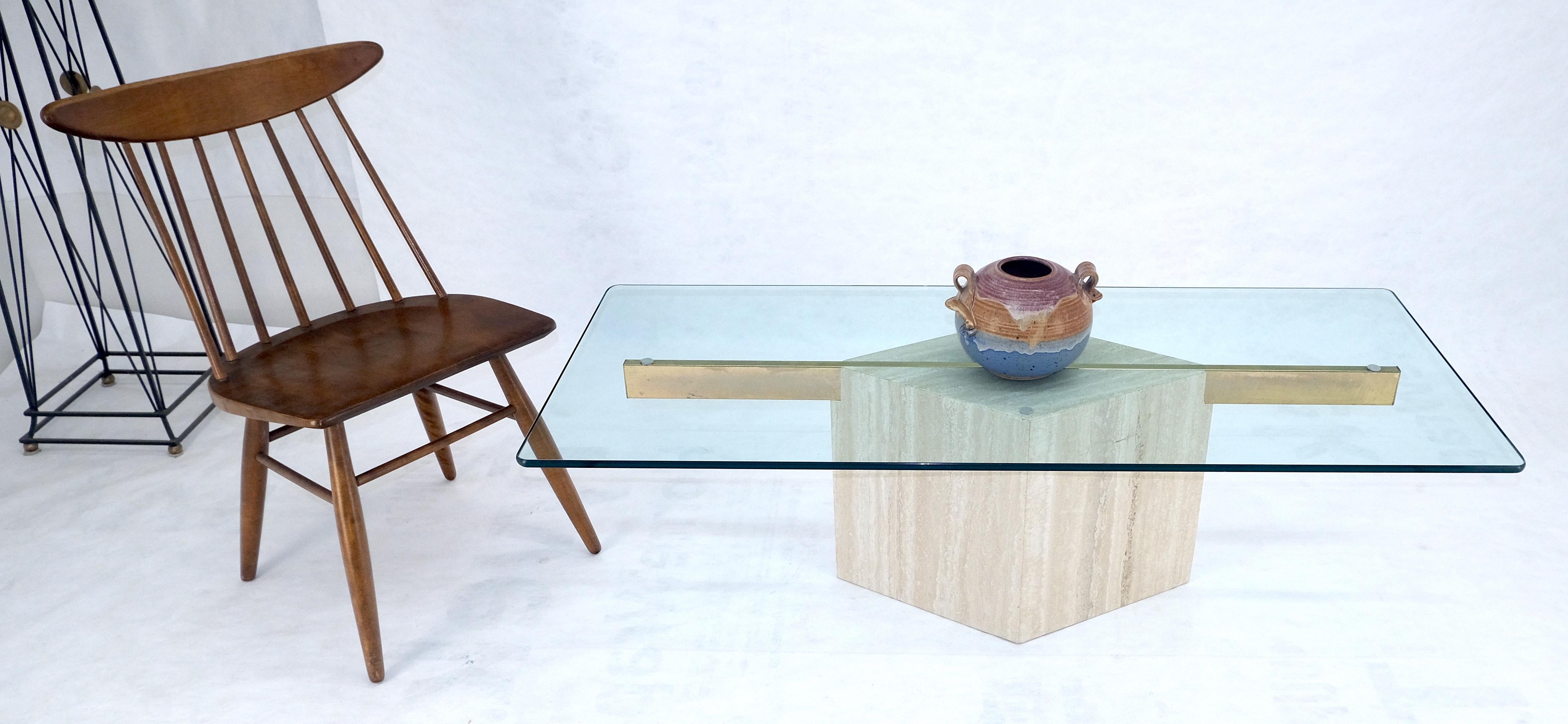 Mid-Century Modern Italian Travertine Single Pedestal Diamond Shape Base Glass Top Coffee Table For Sale