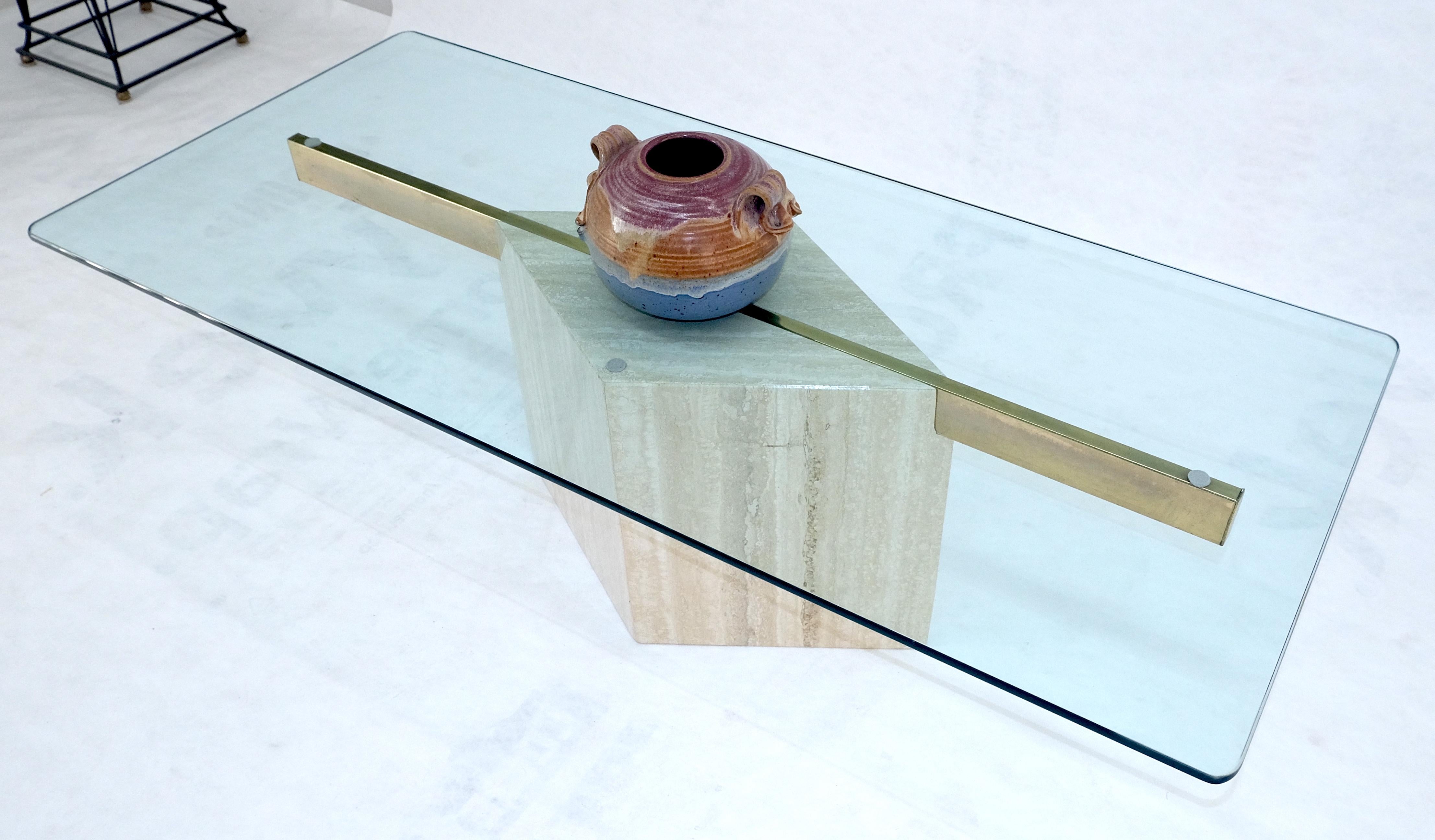 Italian Travertine Single Pedestal Diamond Shape Base Glass Top Coffee Table In Good Condition For Sale In Rockaway, NJ