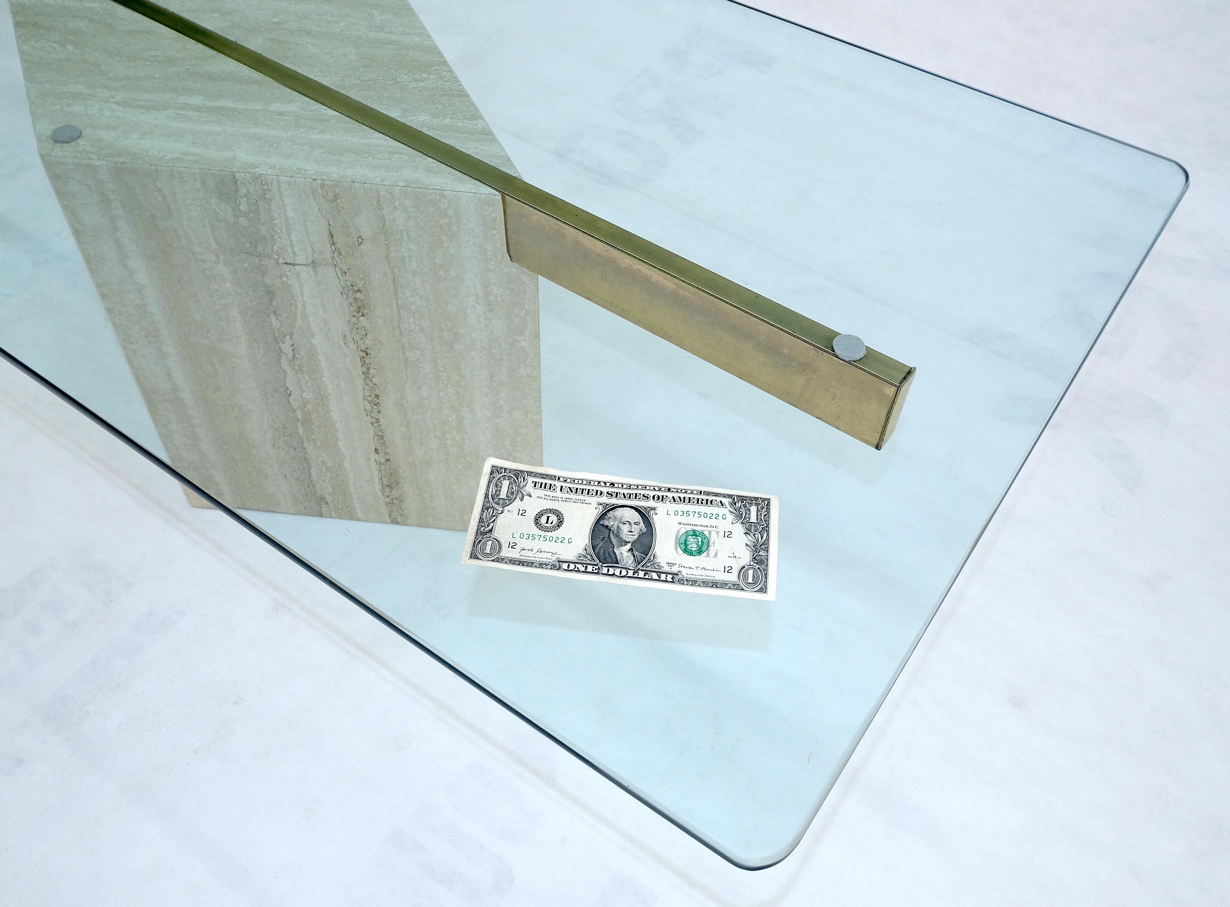 20th Century Italian Travertine Single Pedestal Diamond Shape Base Glass Top Coffee Table For Sale