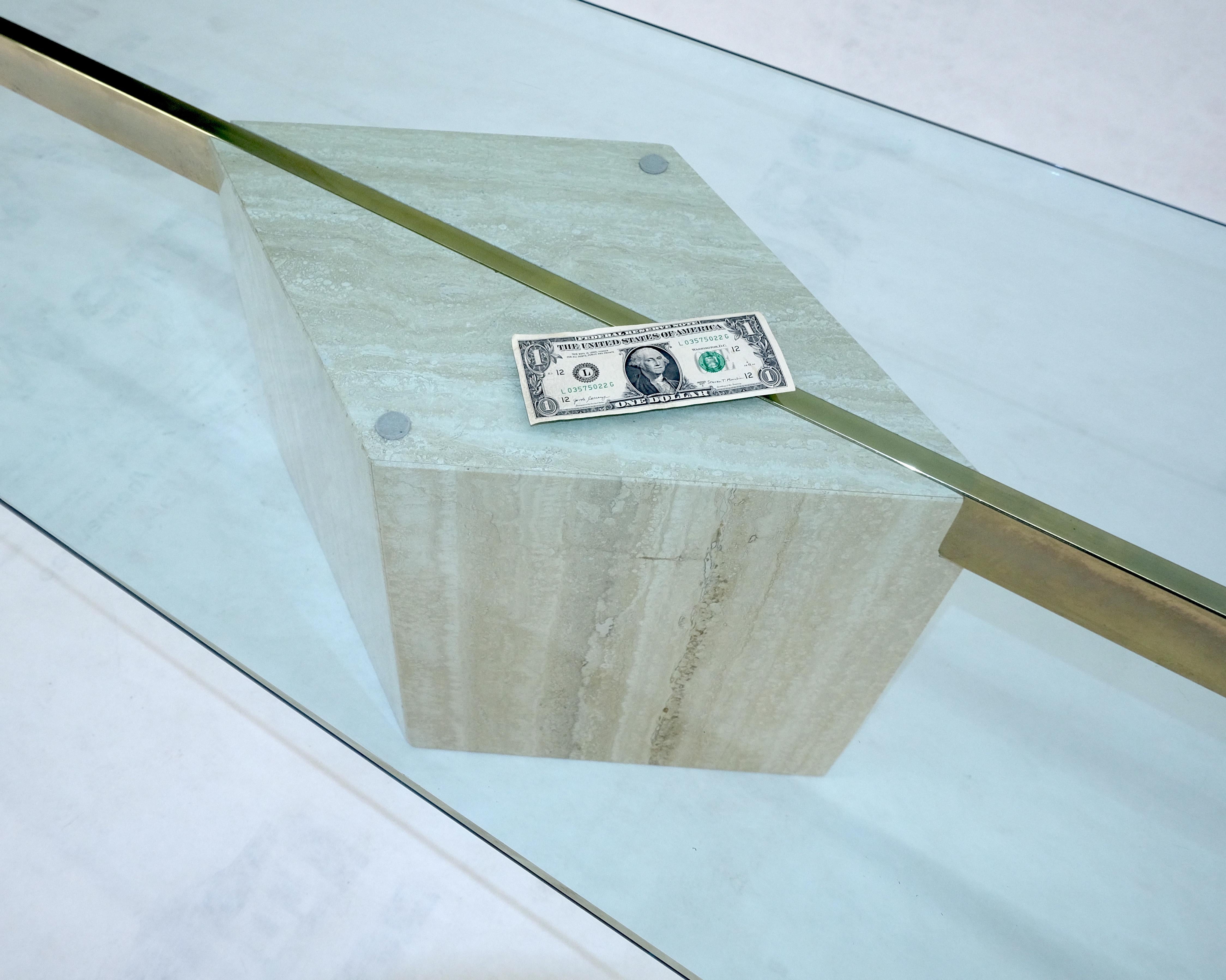 Italian Travertine Single Pedestal Diamond Shape Base Glass Top Coffee Table For Sale 1