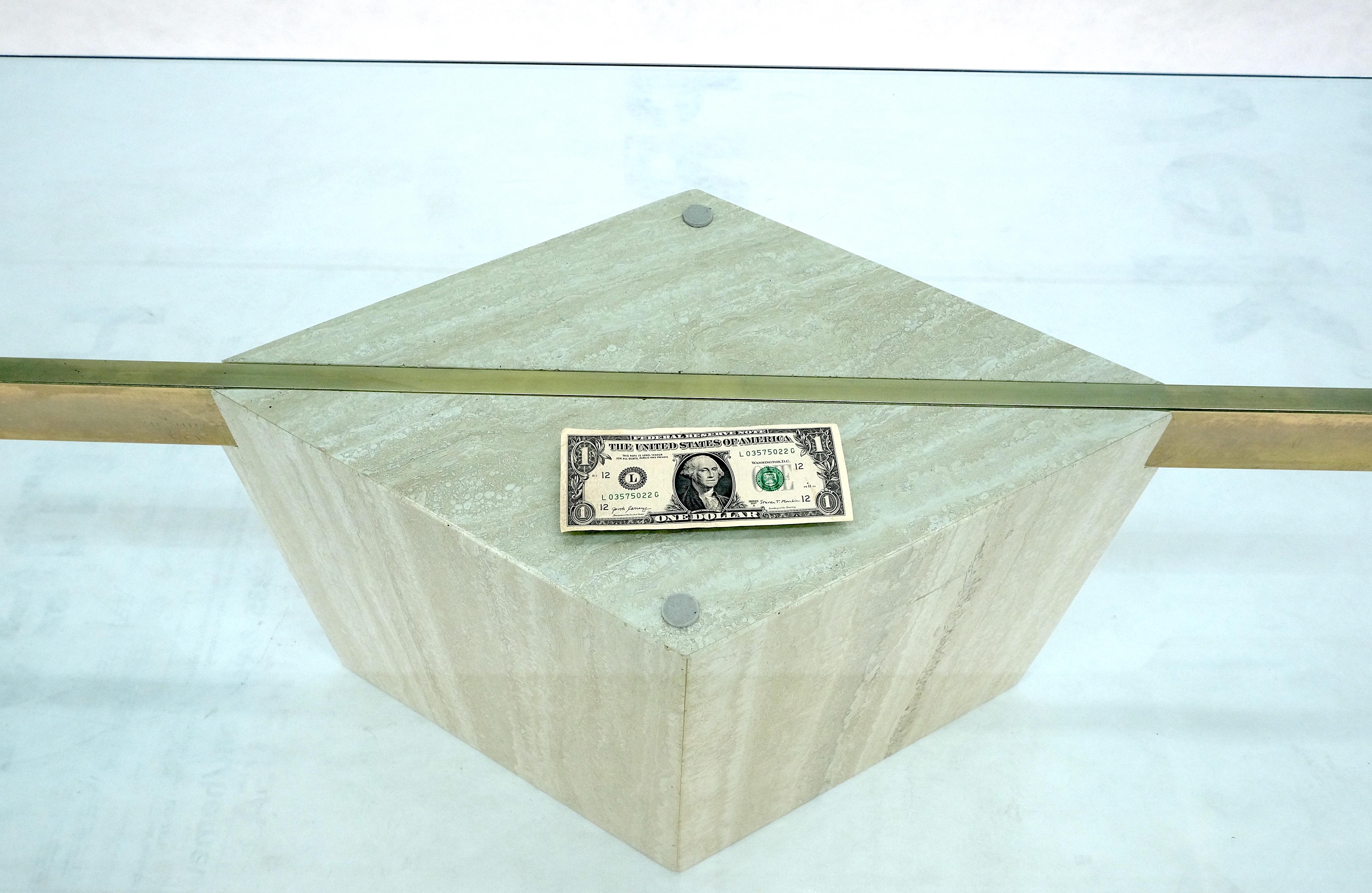 Italian Travertine Single Pedestal Diamond Shape Base Glass Top Coffee Table For Sale 2