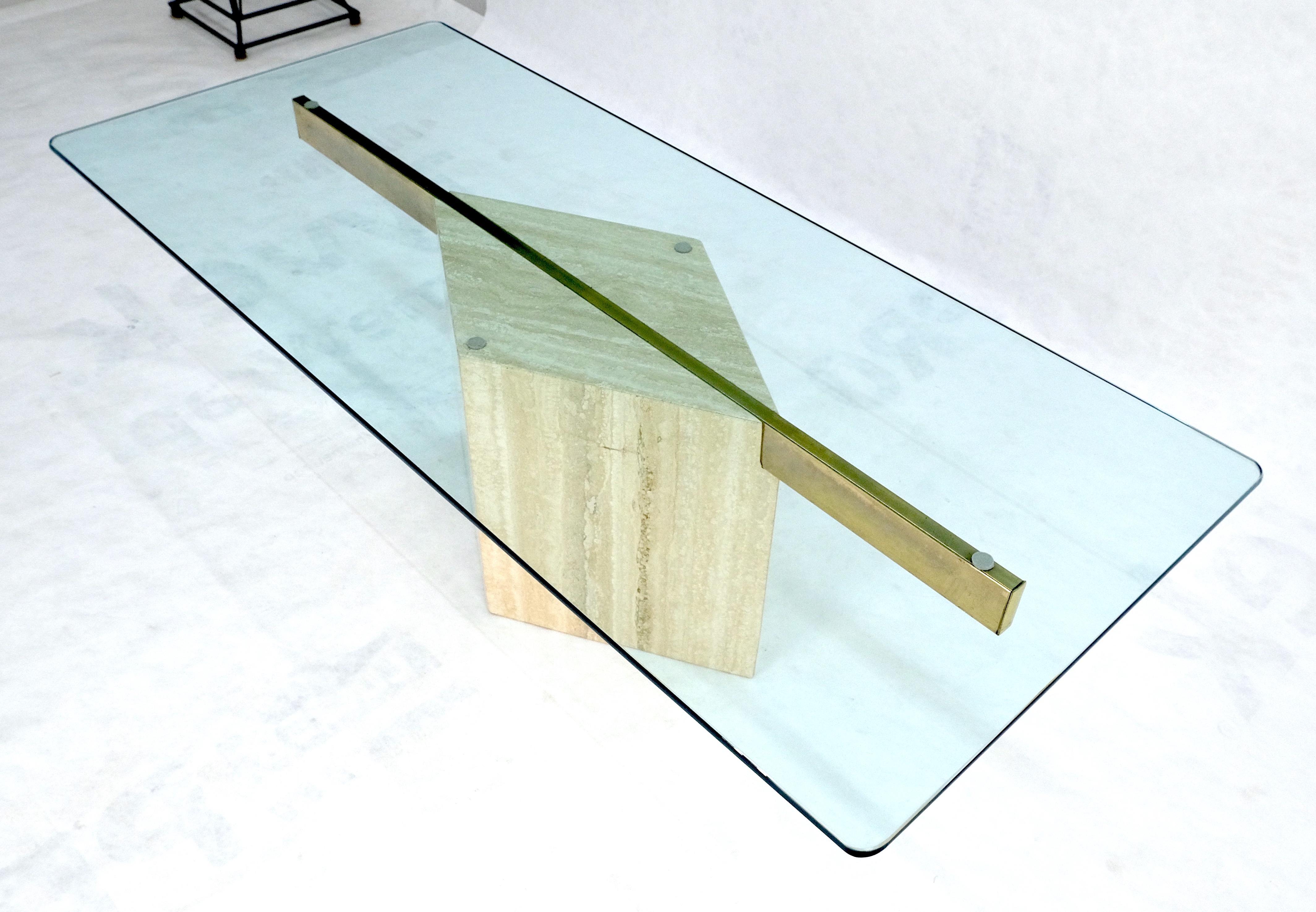 Italian Travertine Single Pedestal Diamond Shape Base Glass Top Coffee Table For Sale 3