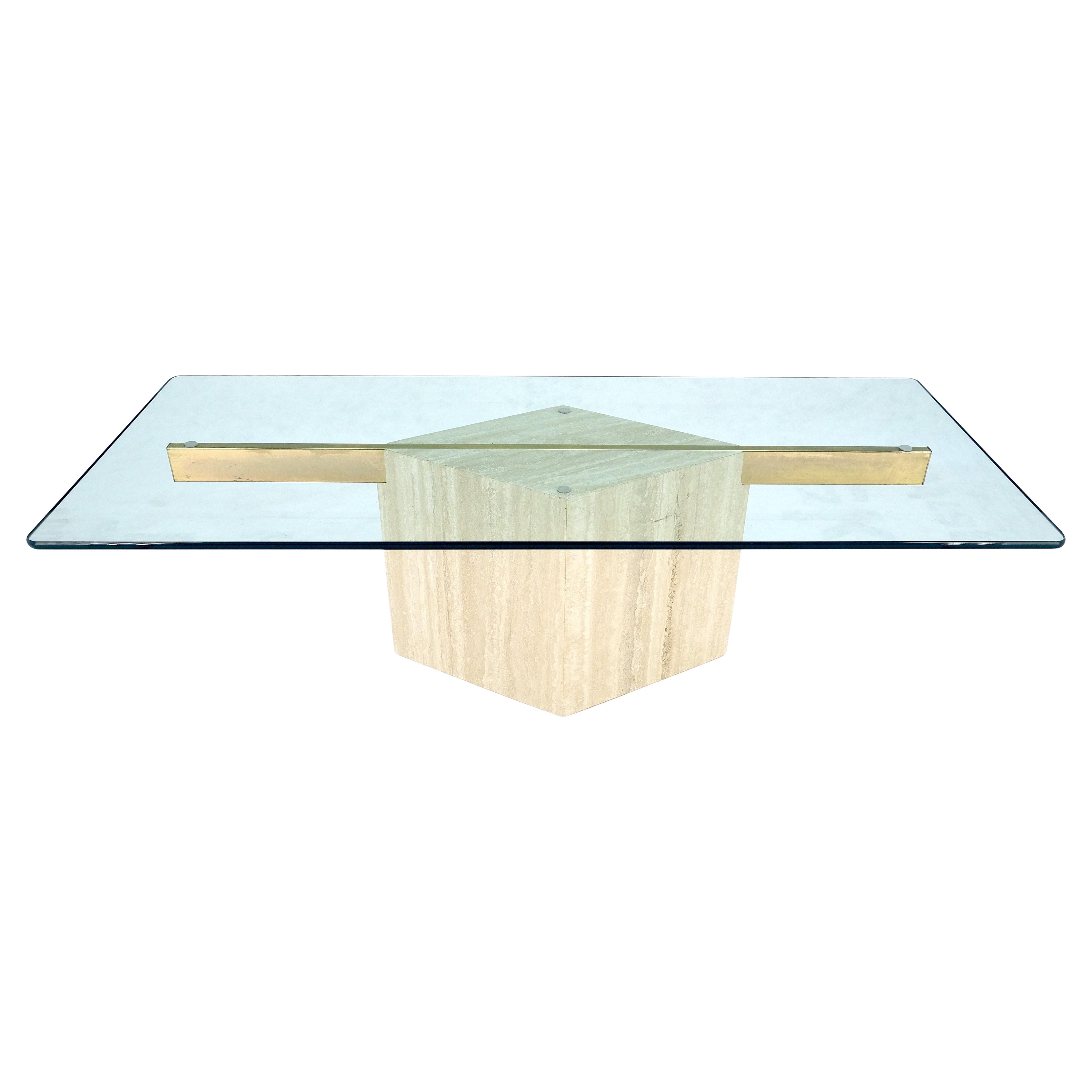 Italian Travertine Single Pedestal Diamond Shape Base Glass Top Coffee Table
