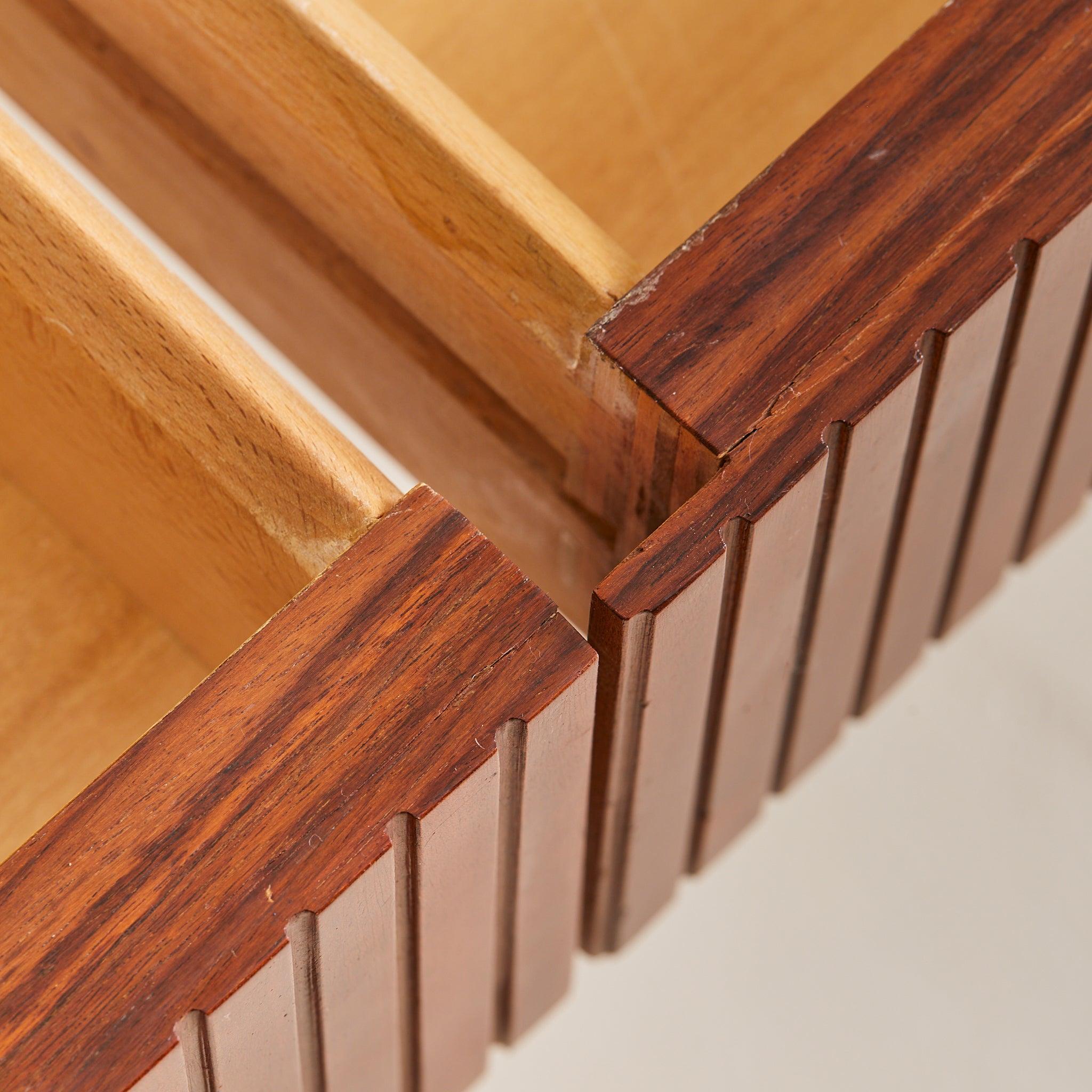Italian Travertine + Slatted Wood Console Table with Brass Stretcher, 1970s For Sale 5