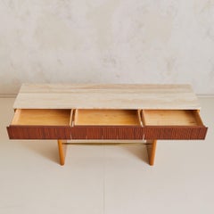 Italian Travertine + Slatted Wood Console Table with Brass Stretcher, 1970s