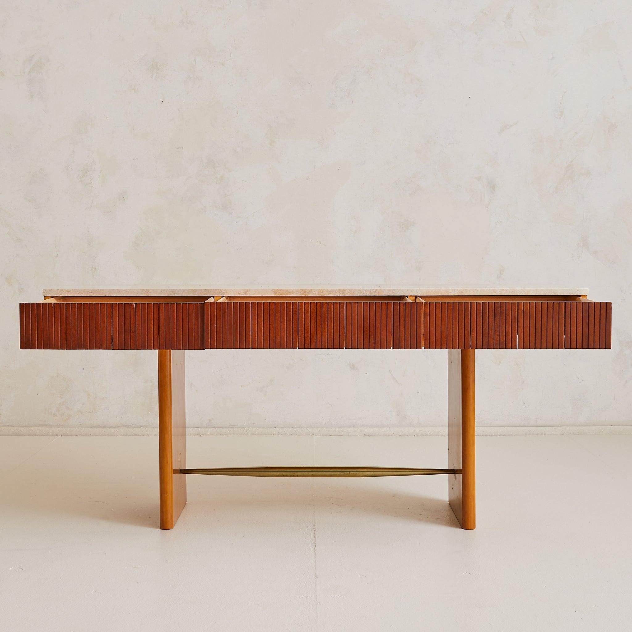 Italian Travertine + Slatted Wood Console Table with Brass Stretcher, 1970s In Good Condition For Sale In Chicago, IL