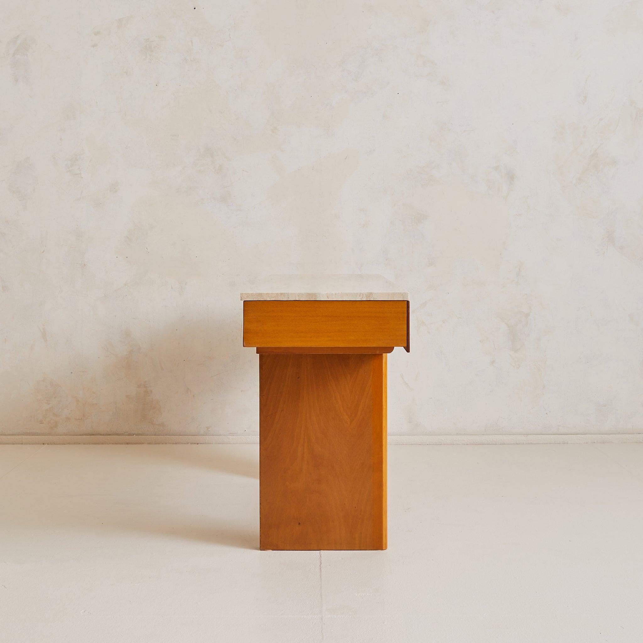 Late 20th Century Italian Travertine + Slatted Wood Console Table with Brass Stretcher, 1970s For Sale