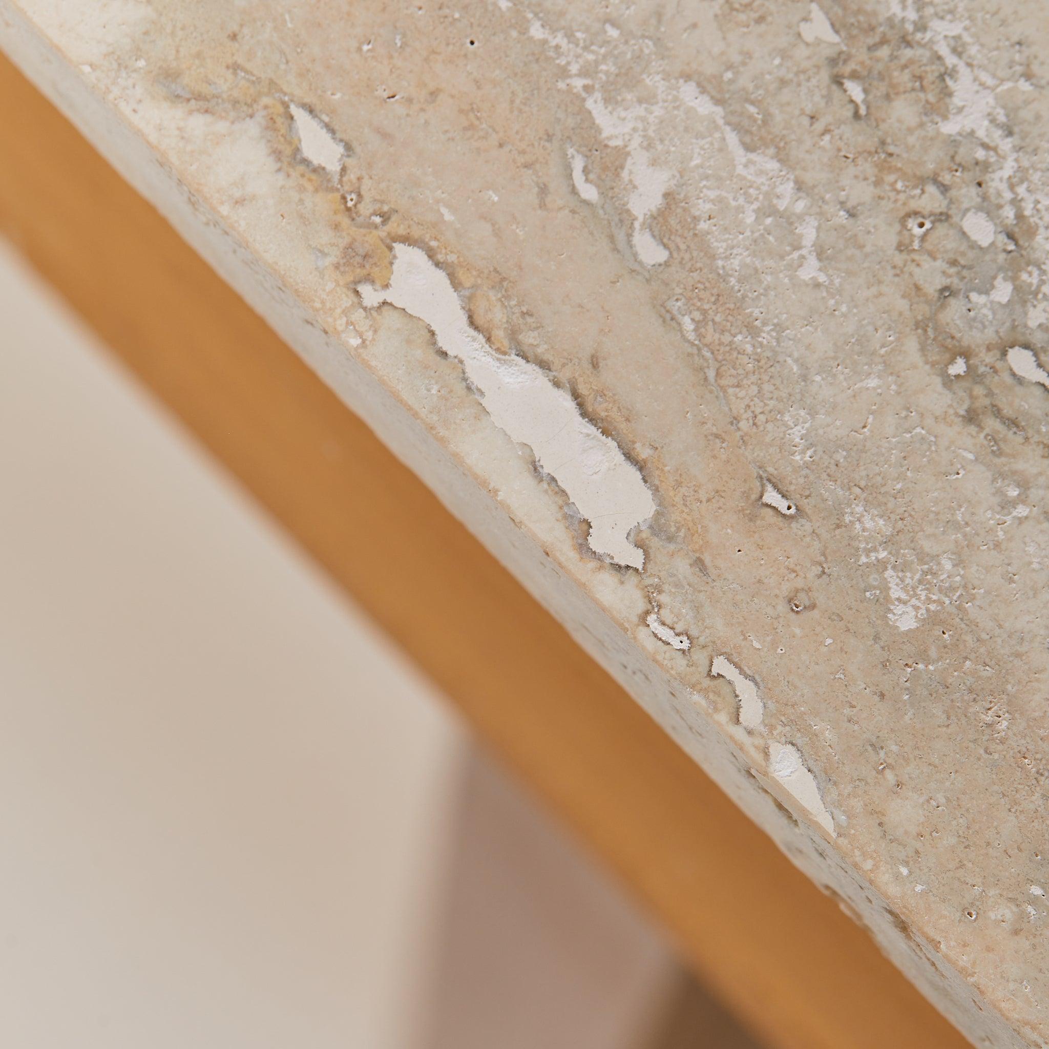 Italian Travertine + Slatted Wood Console Table with Brass Stretcher, 1970s For Sale 2