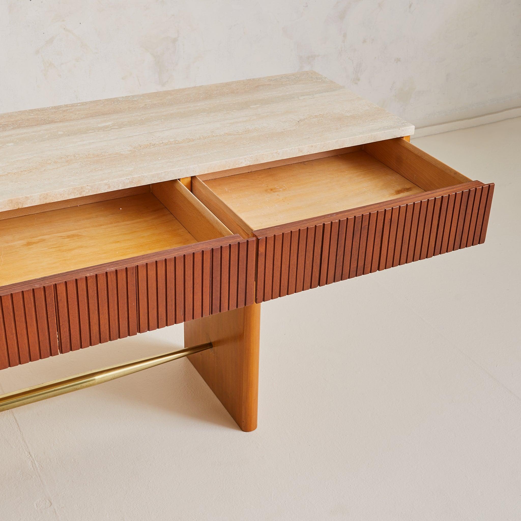 Italian Travertine + Slatted Wood Console Table with Brass Stretcher, 1970s For Sale 3