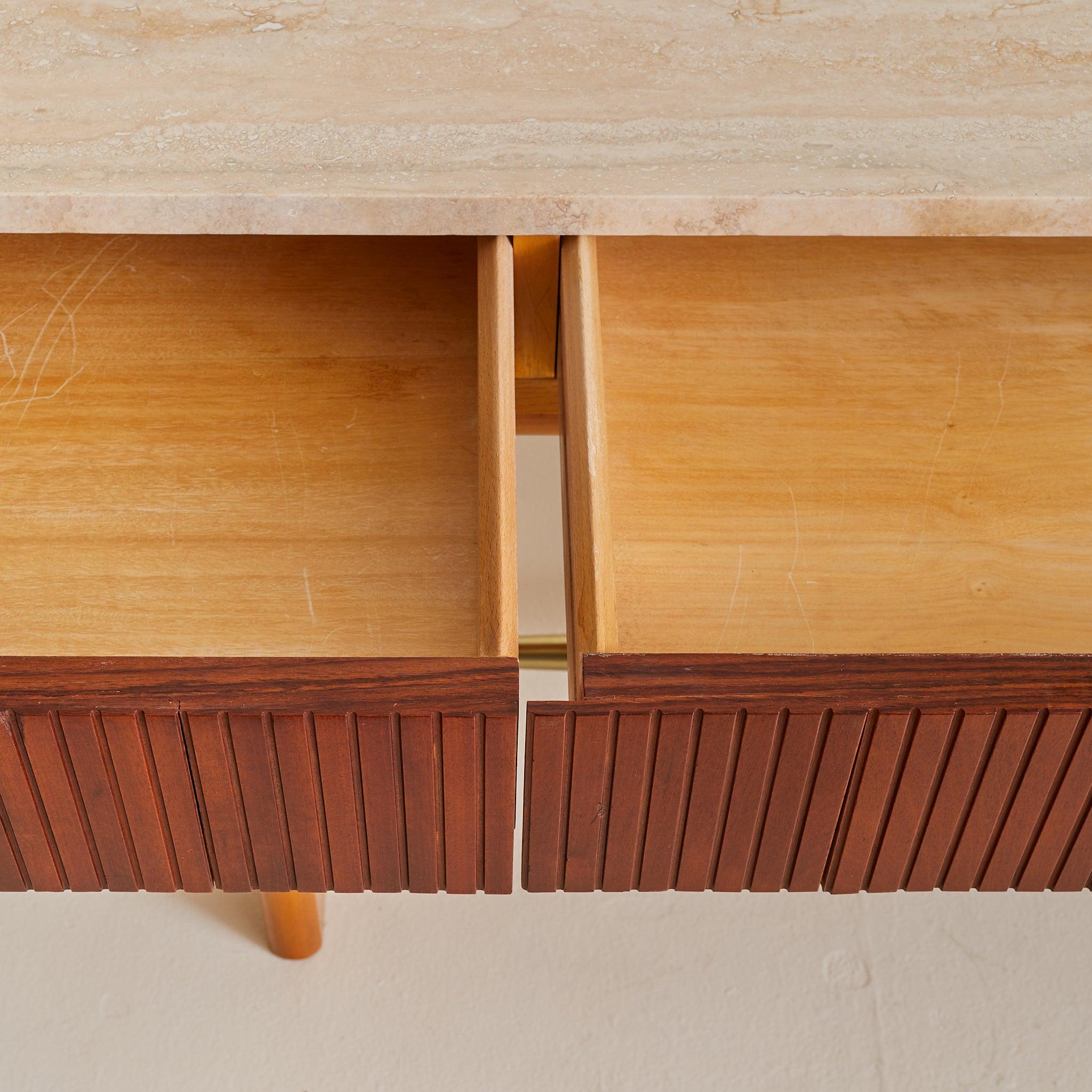 Italian Travertine + Slatted Wood Console Table with Brass Stretcher, 1970s For Sale 4