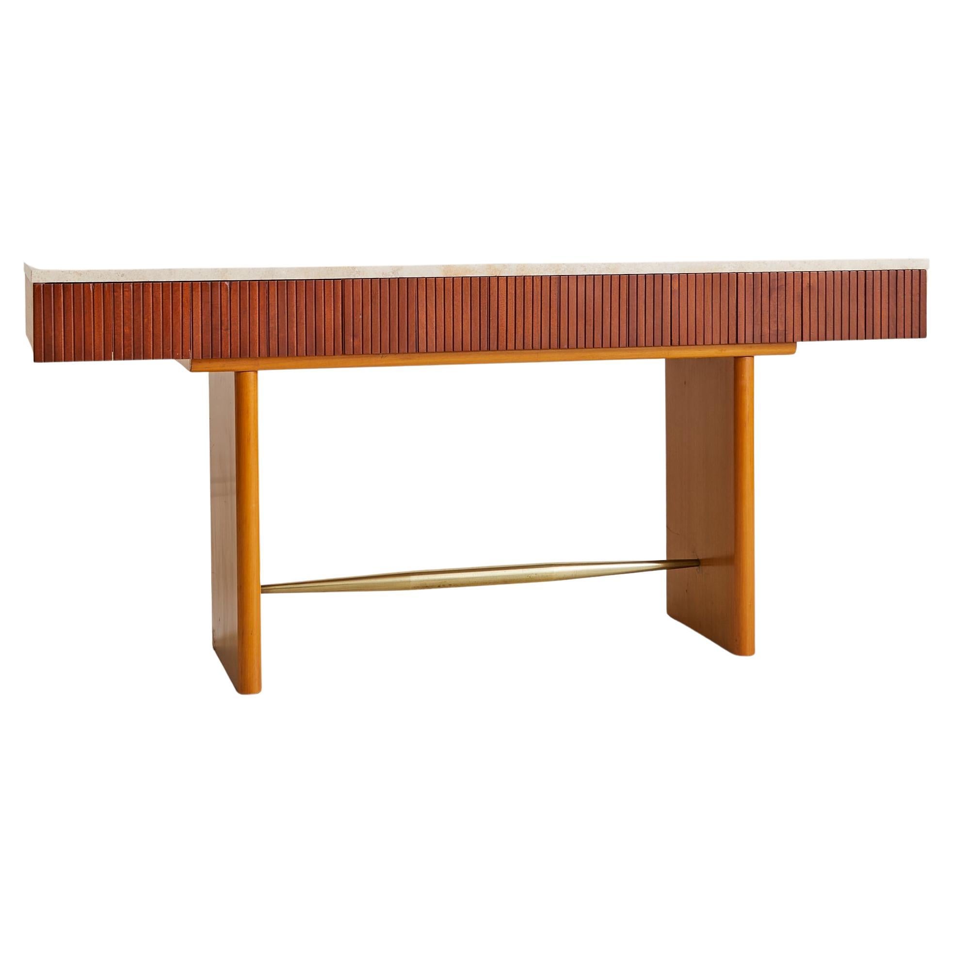 Italian Travertine + Slatted Wood Console Table with Brass Stretcher, 1970s For Sale