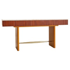 Italian Travertine + Slatted Wood Console Table with Brass Stretcher, 1970s