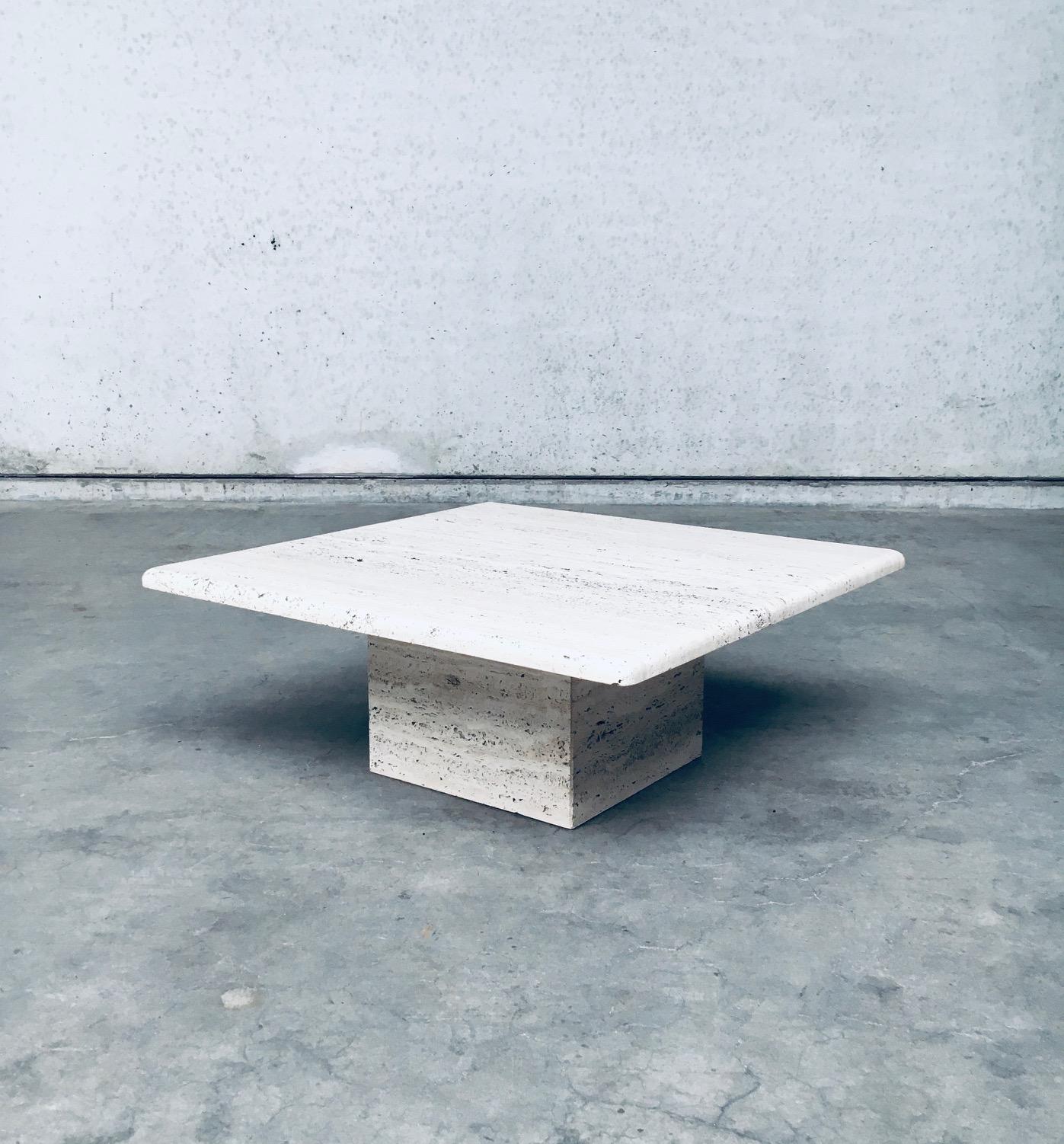 Vintage Midcentury Modern Italian Design Travertine Square Coffee Table. Made in Italy, 1970's. Thick travertine square top with beveled edge supported on a center square travertine base. Classic, elegant and timeless design with beautiful