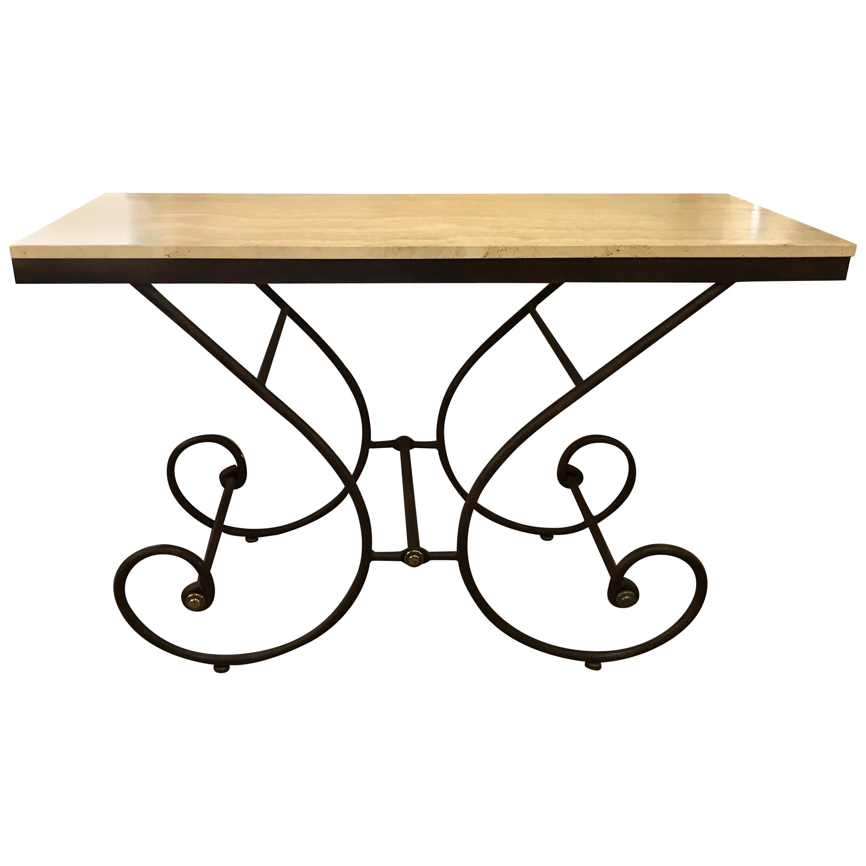 Italian Travertine Stone and Iron Scroll Console Table For Sale