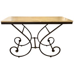 Italian Travertine Stone and Iron Scroll Console Table