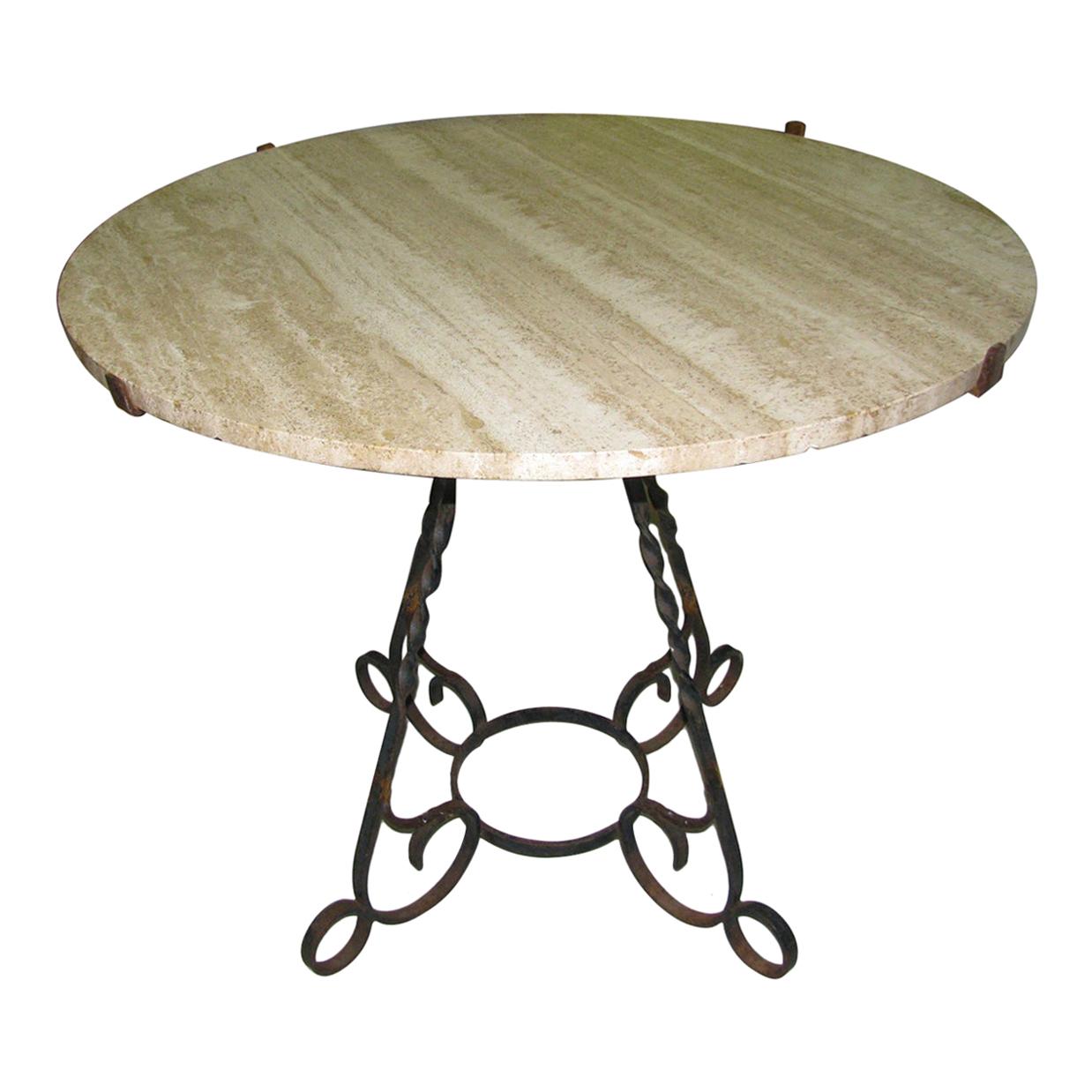 Italian Travertine Stone Round Top with Wrought Iron Base Dining Table