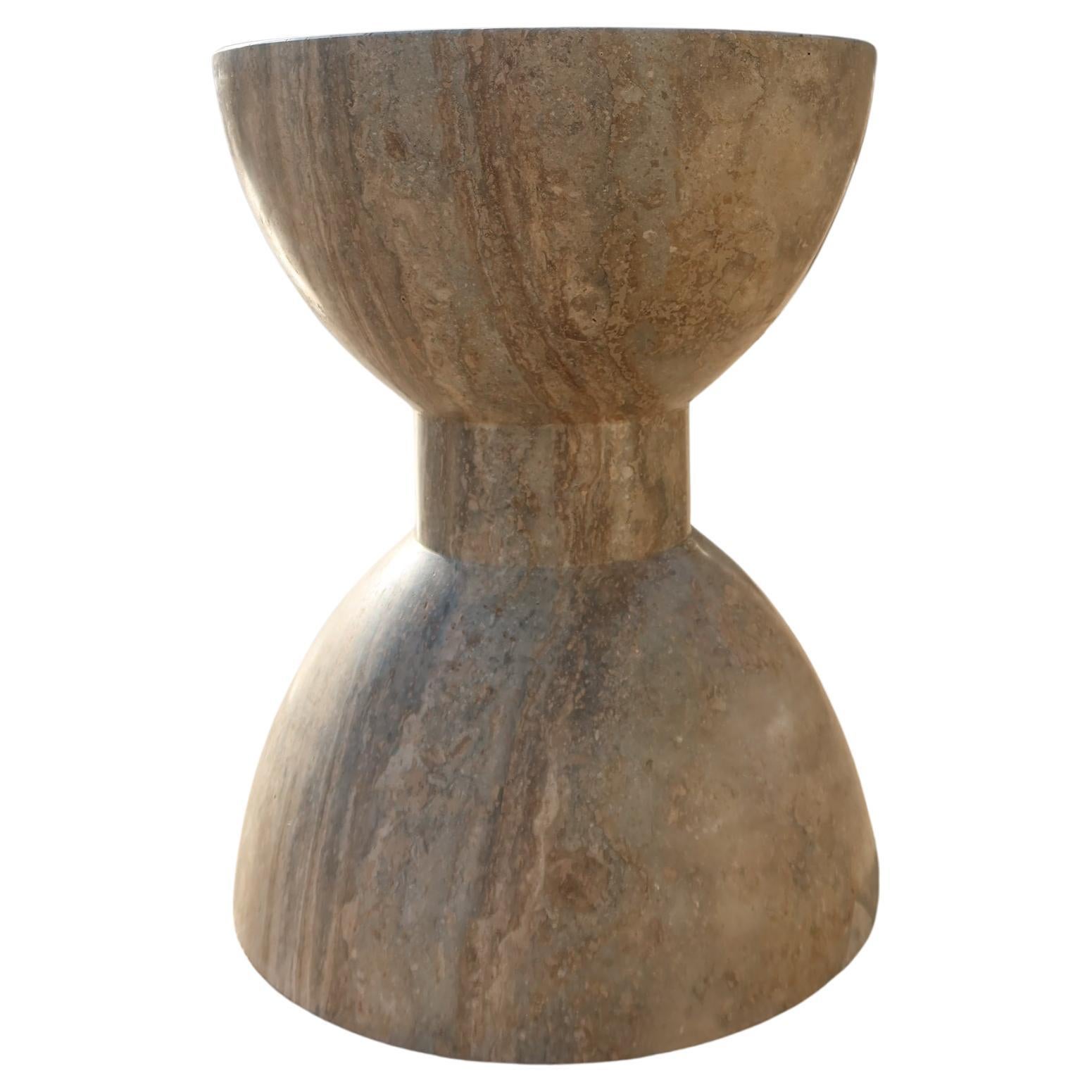 Italian Travertine Stool in Travertino Tobacco, “Bow” by Giansanti Home