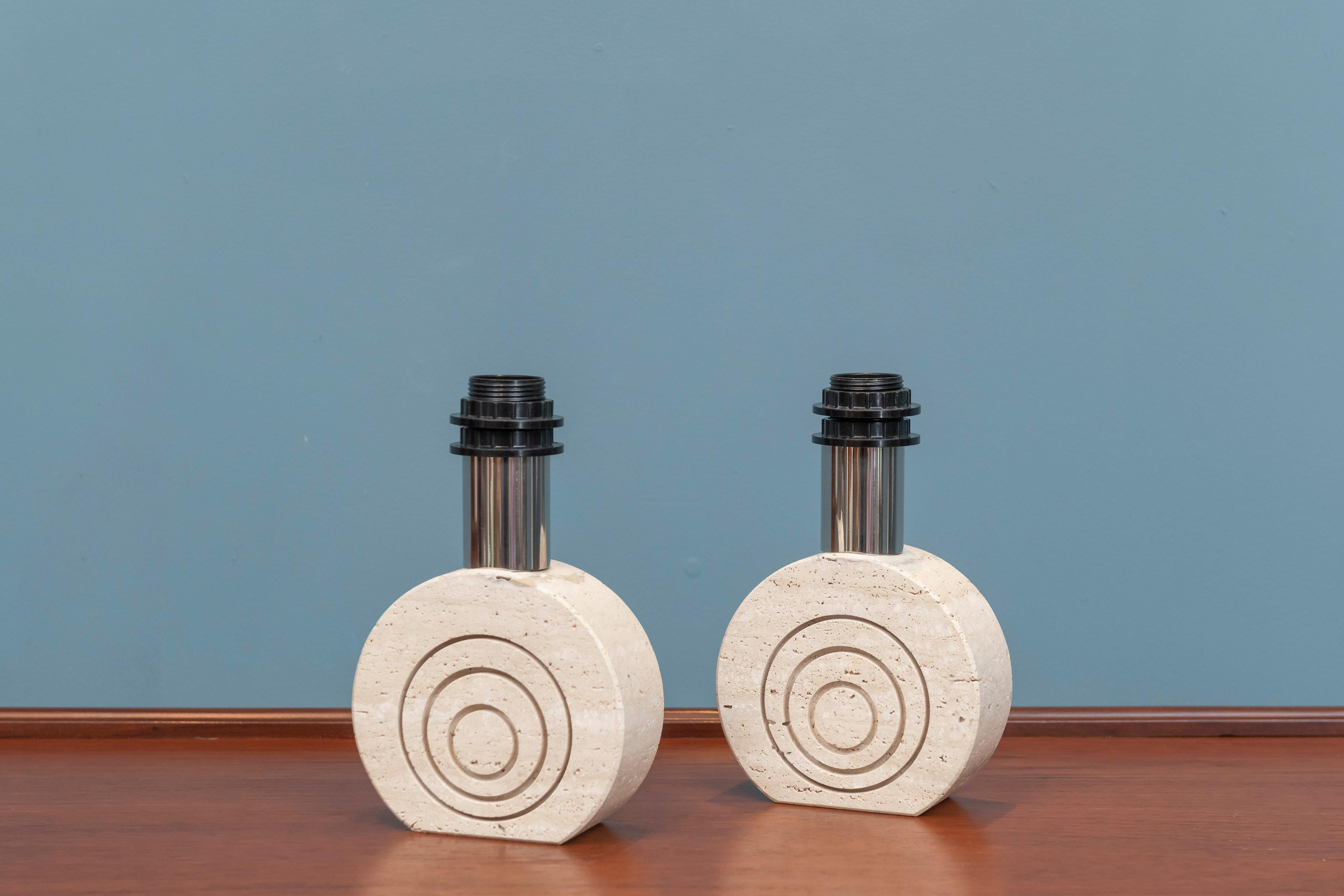 Pair of travertine etched table lamps attributed to Rayor, Italy. 
Newly rewired with inline switches.