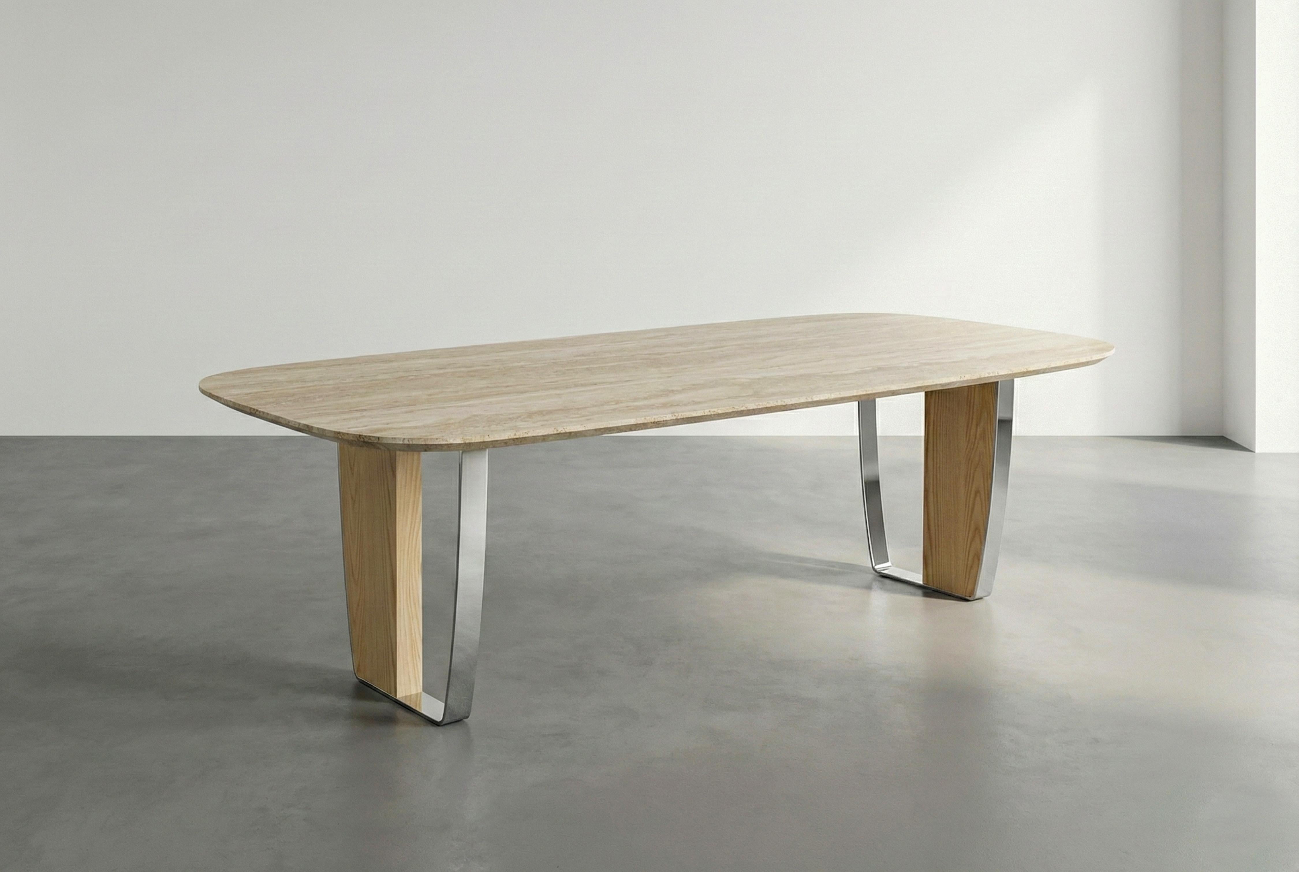 Table italienne en travertin avec bord suisse et base en frêne avec cadre en métal Silver Neuf - En vente à İnegöl, TR