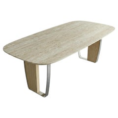 Italian Travertine Table With Swiss Edge & Ash Base With Silver Metal Frame