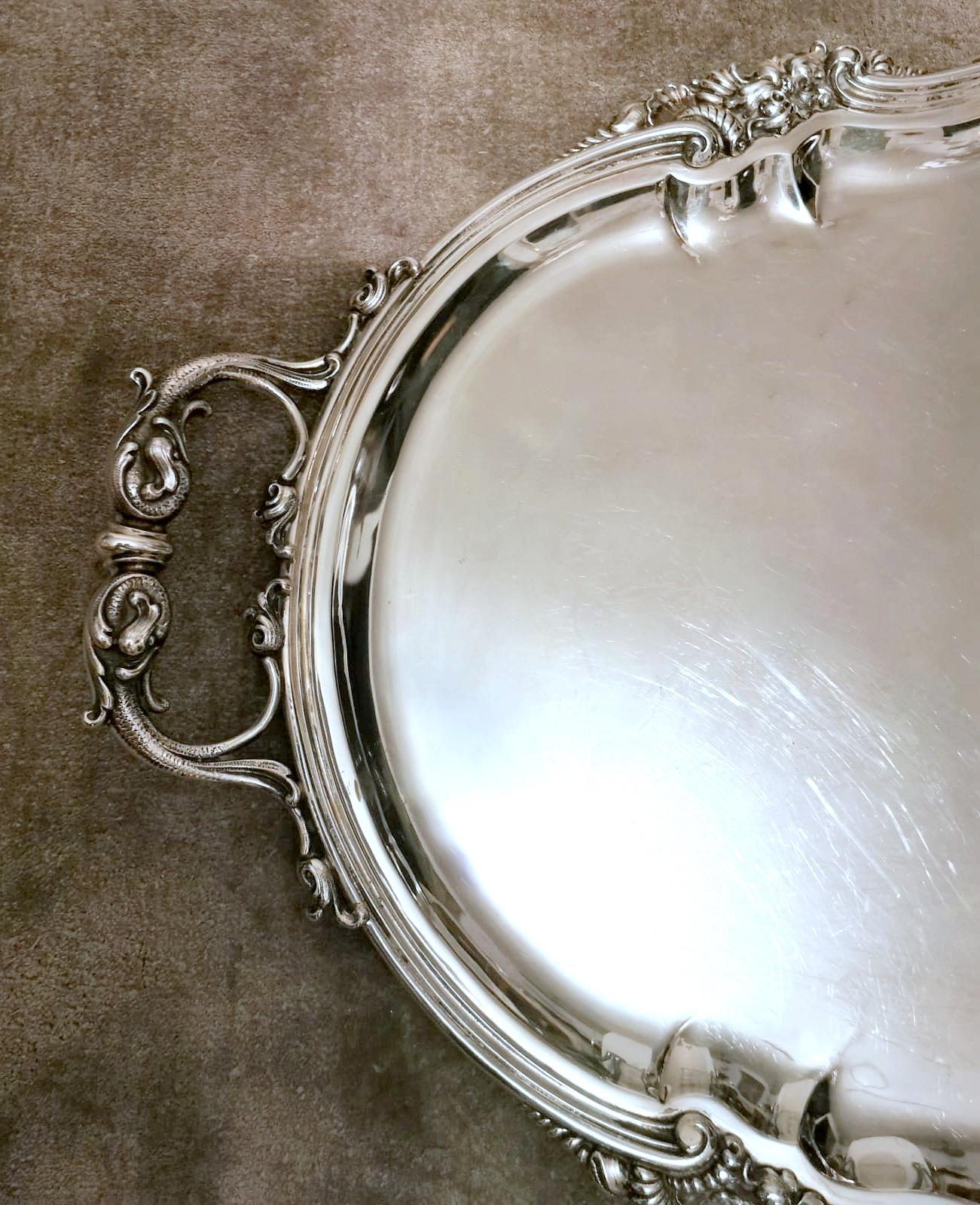 20th Century Italian Tray with Handles Silver Title 800