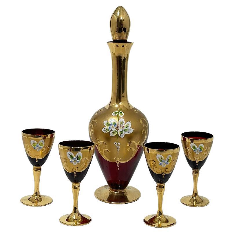 Italian Tre Fuochi Ruby red crystal glass liquor set, 1950s For Sale