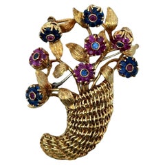Italian Tremblant Sapphire Ruby 18K Yellow Gold Floral Basket Brooch