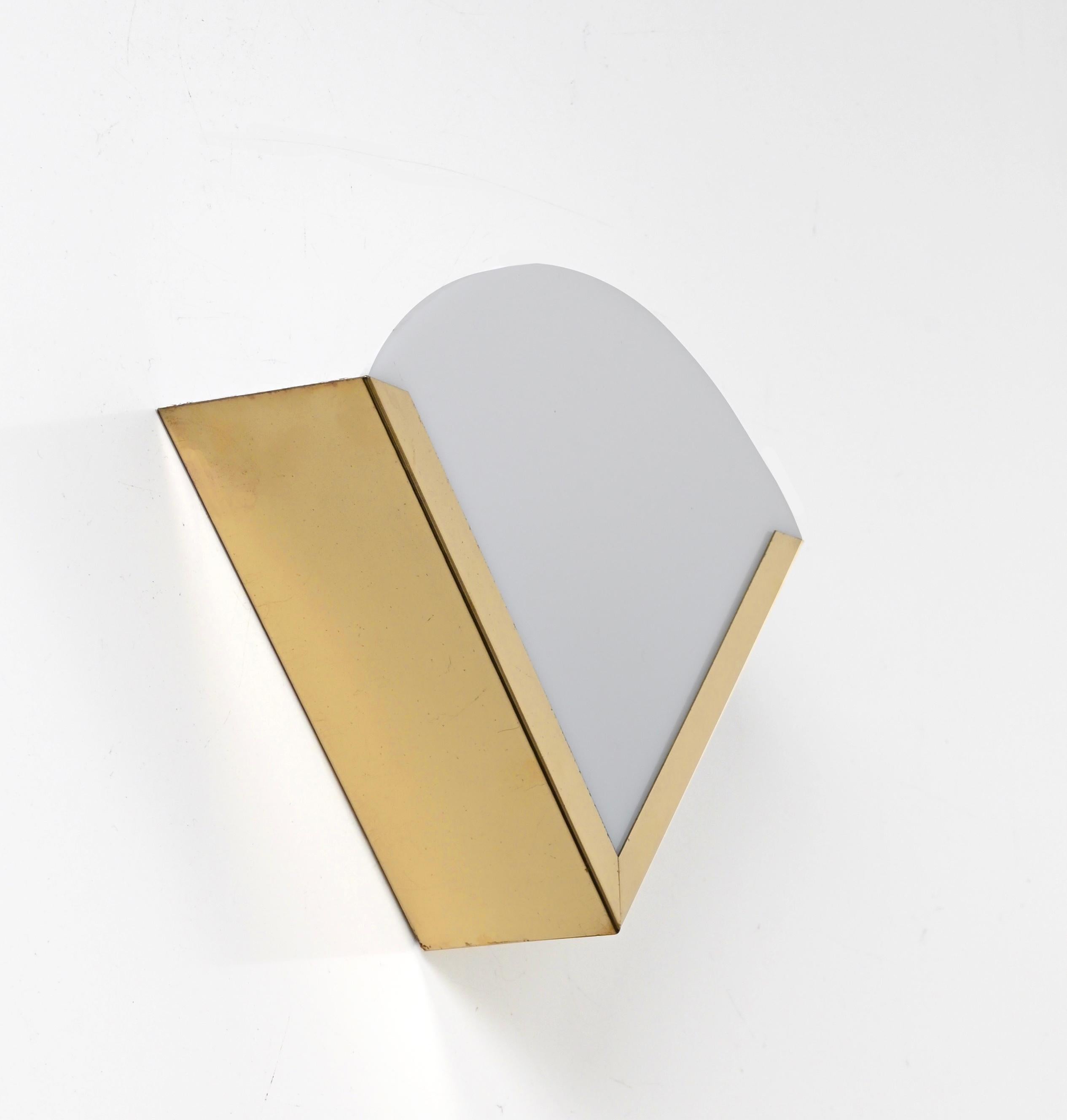 Italian Triangular Sconces in Brass and White Perspex, Italy 1970s For Sale 9