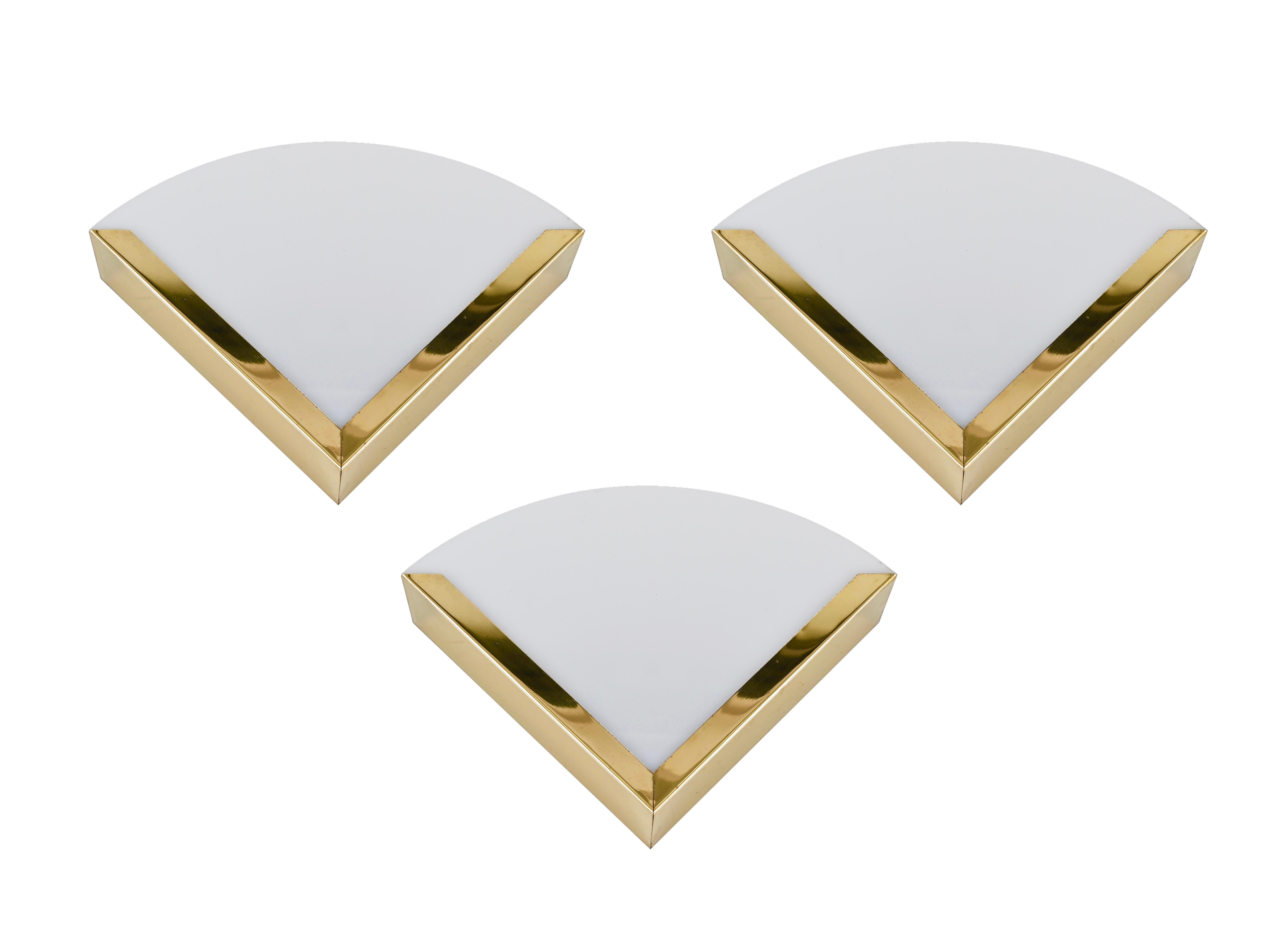 Italian Triangular Sconces in Brass and White Perspex, Italy 1970s For Sale 10