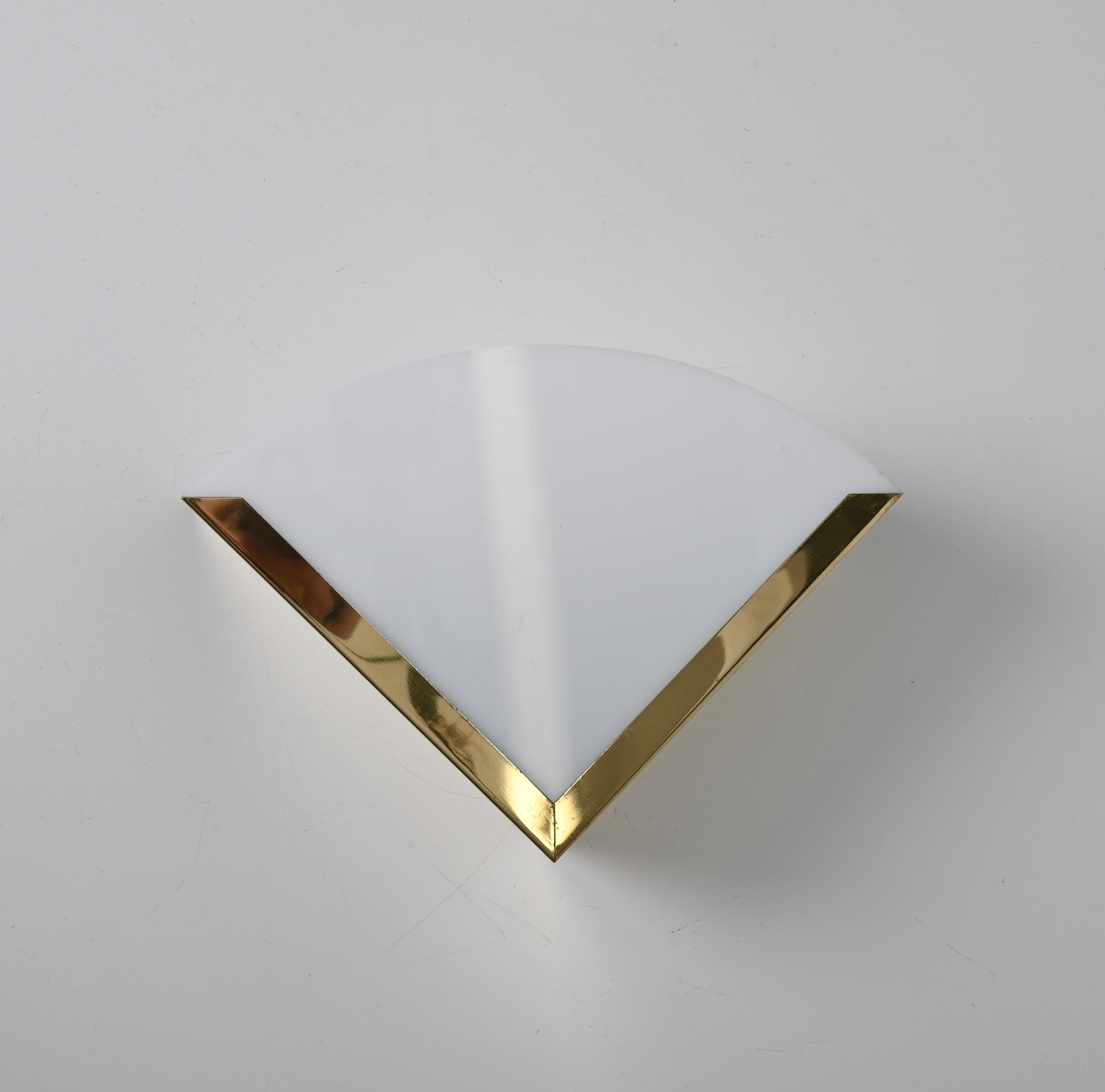 Hand-Crafted Italian Triangular Sconces in Brass and White Perspex, Italy 1970s For Sale