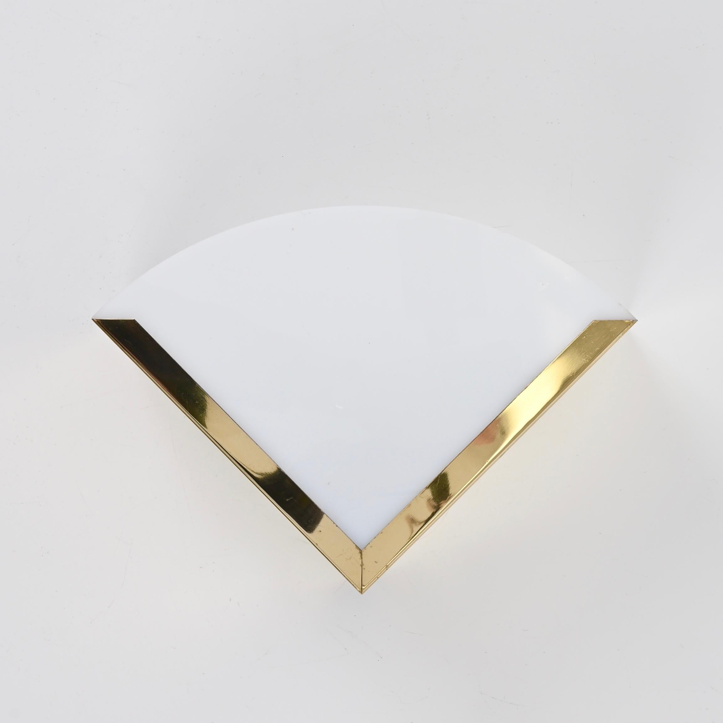 20th Century Italian Triangular Sconces in Brass and White Perspex, Italy 1970s For Sale