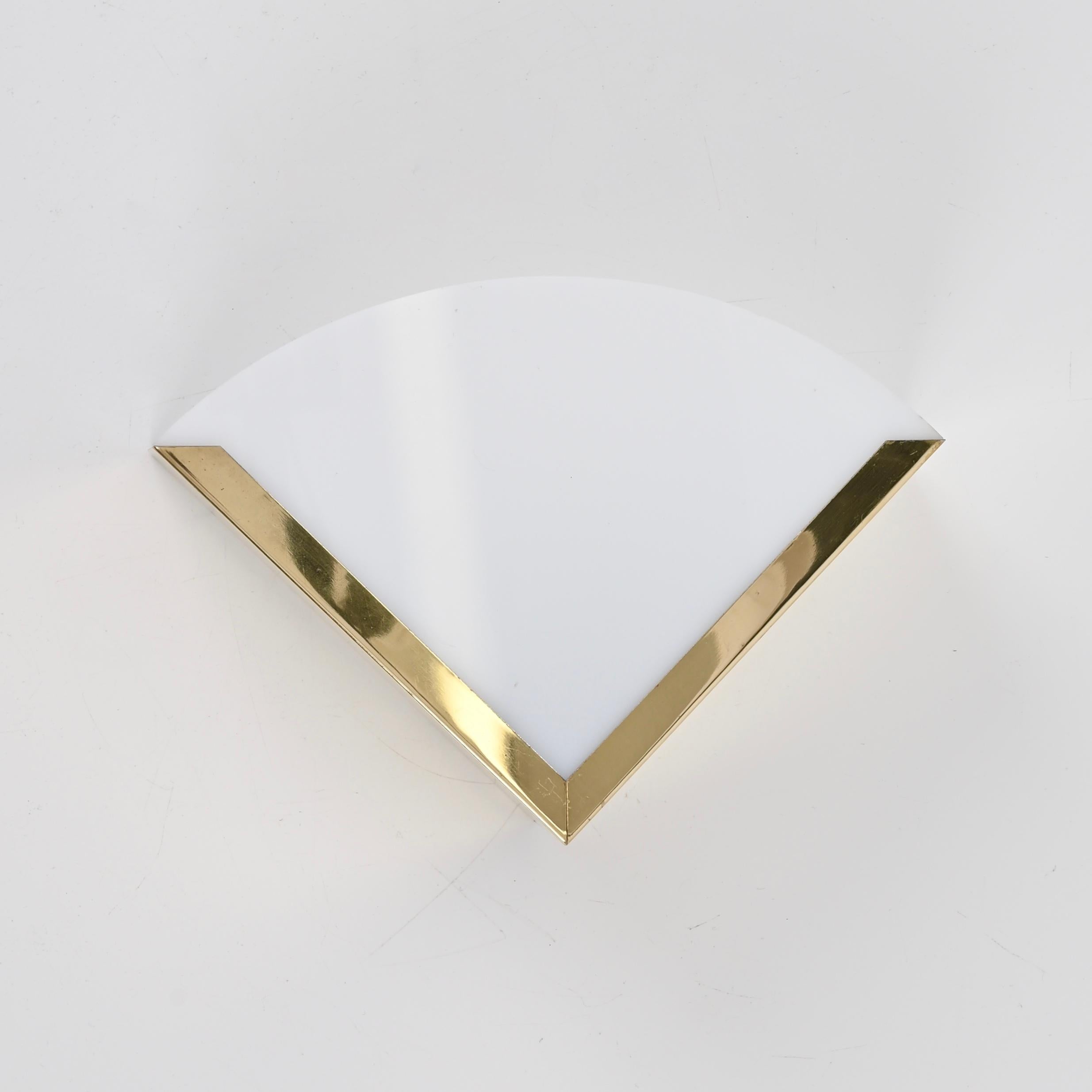 Metal Italian Triangular Sconces in Brass and White Perspex, Italy 1970s For Sale